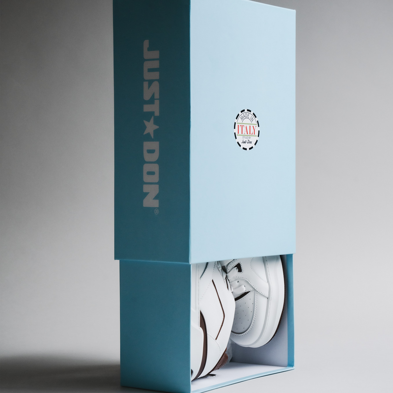 Just Don Luxury streetwear brand Banner of sneakers inside a box