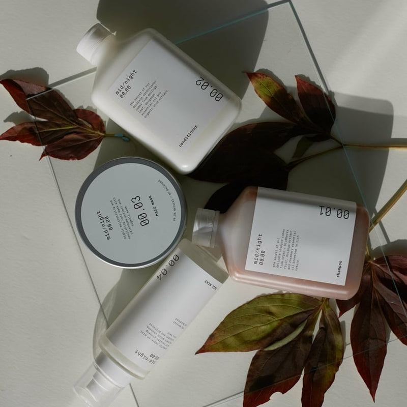 mid/night 00.00 skincare brand products displayed