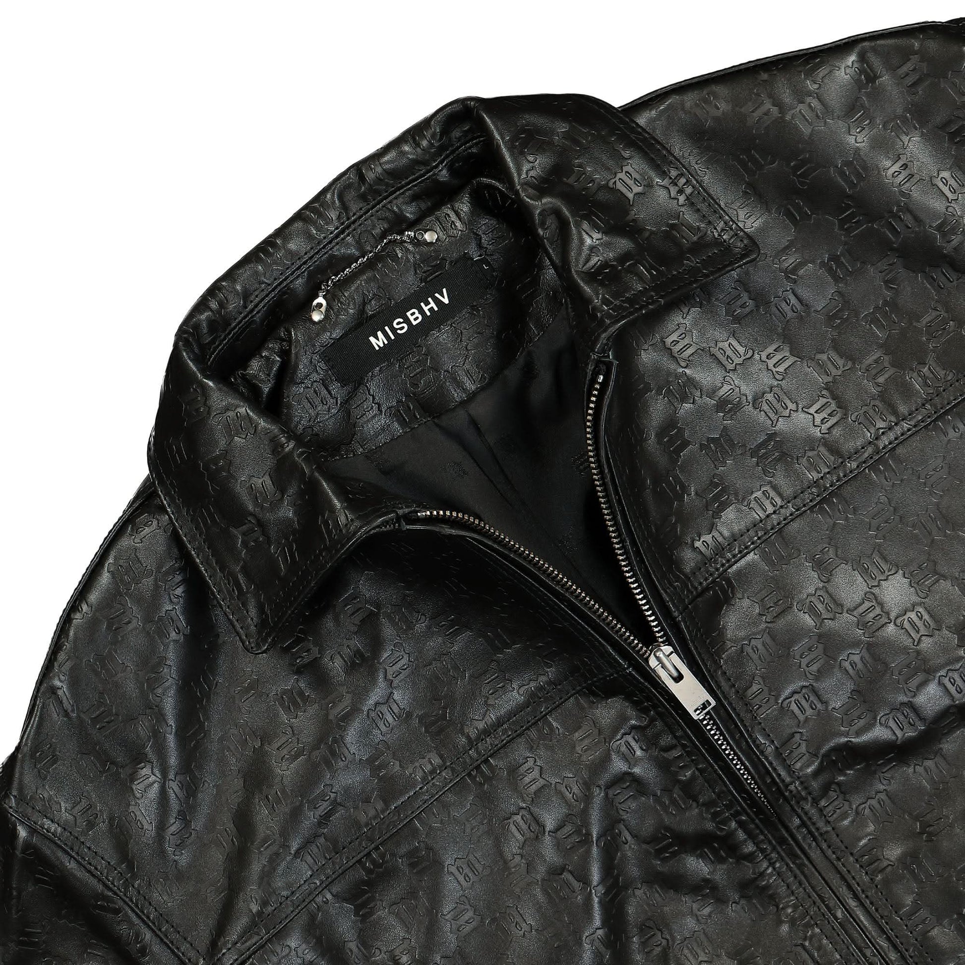 MISBHV Monogram Embossed Bandit Leather Jacket Black Detail view 3 | Gate