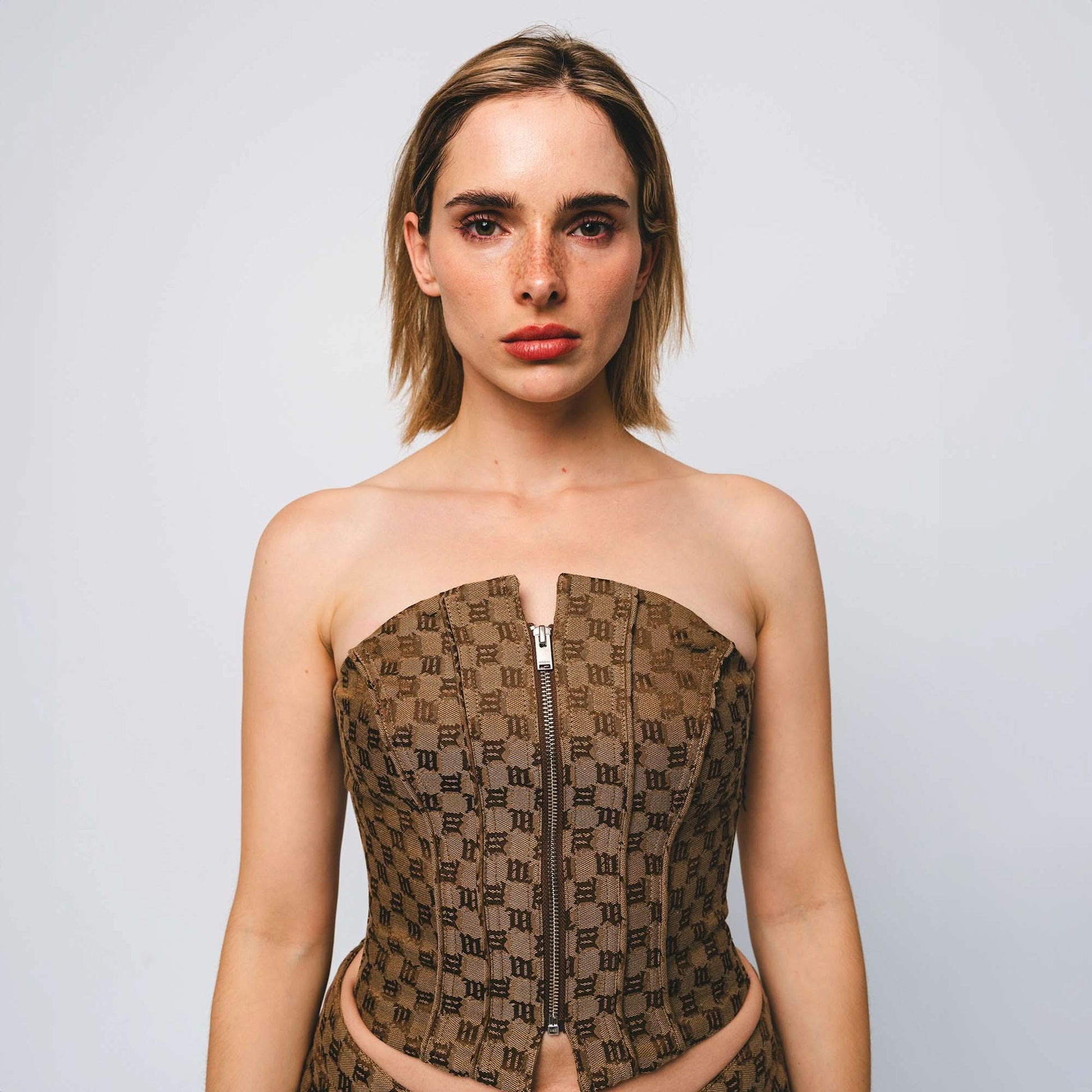 MISBHV Jacquard Canvas Monogram Corset Top Brown Detail view 2 | Gate