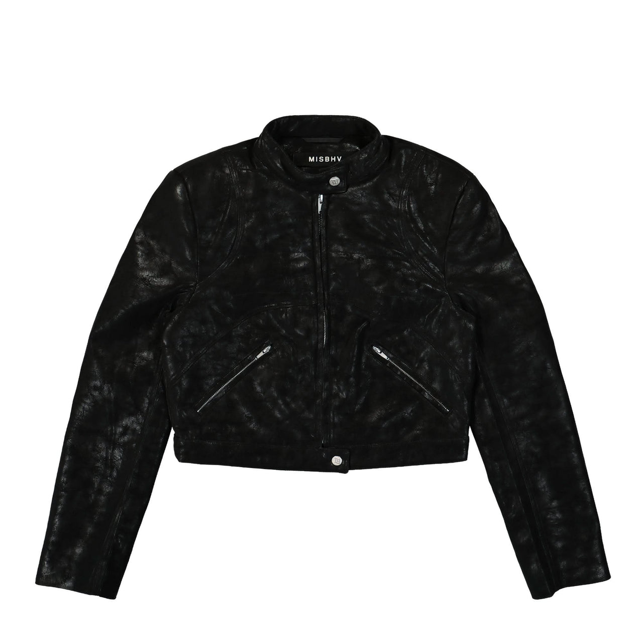 MISBHV Faux Leather Cropped Moto Jacket Black Detail view 1 | Gate