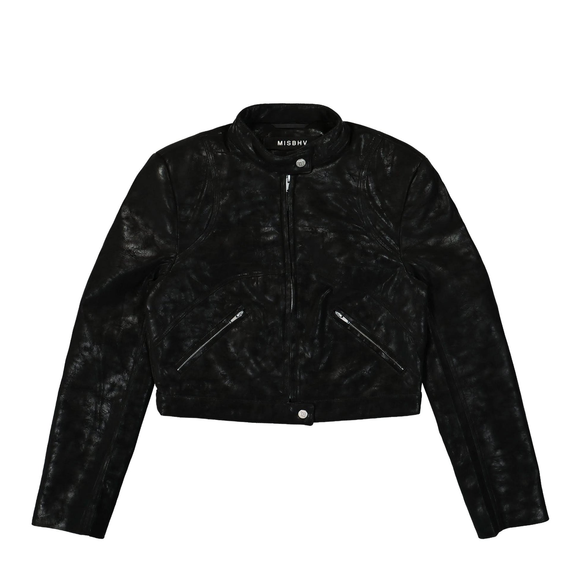 MISBHV Faux Leather Cropped Moto Jacket Black Detail view 1 | Gate