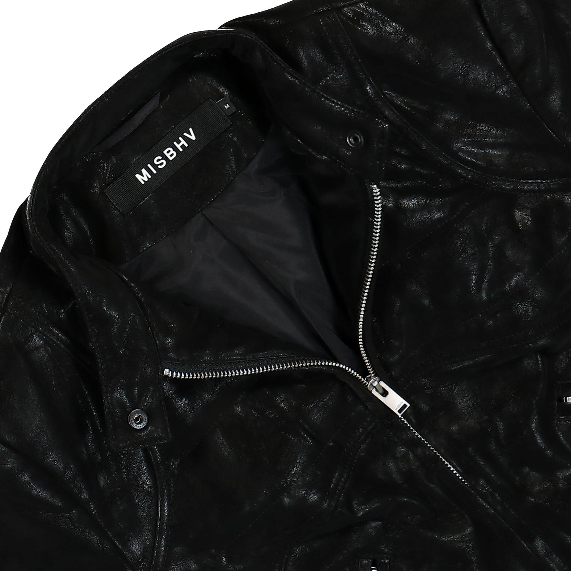 MISBHV Faux Leather Cropped Moto Jacket Black Detail view 3 | Gate