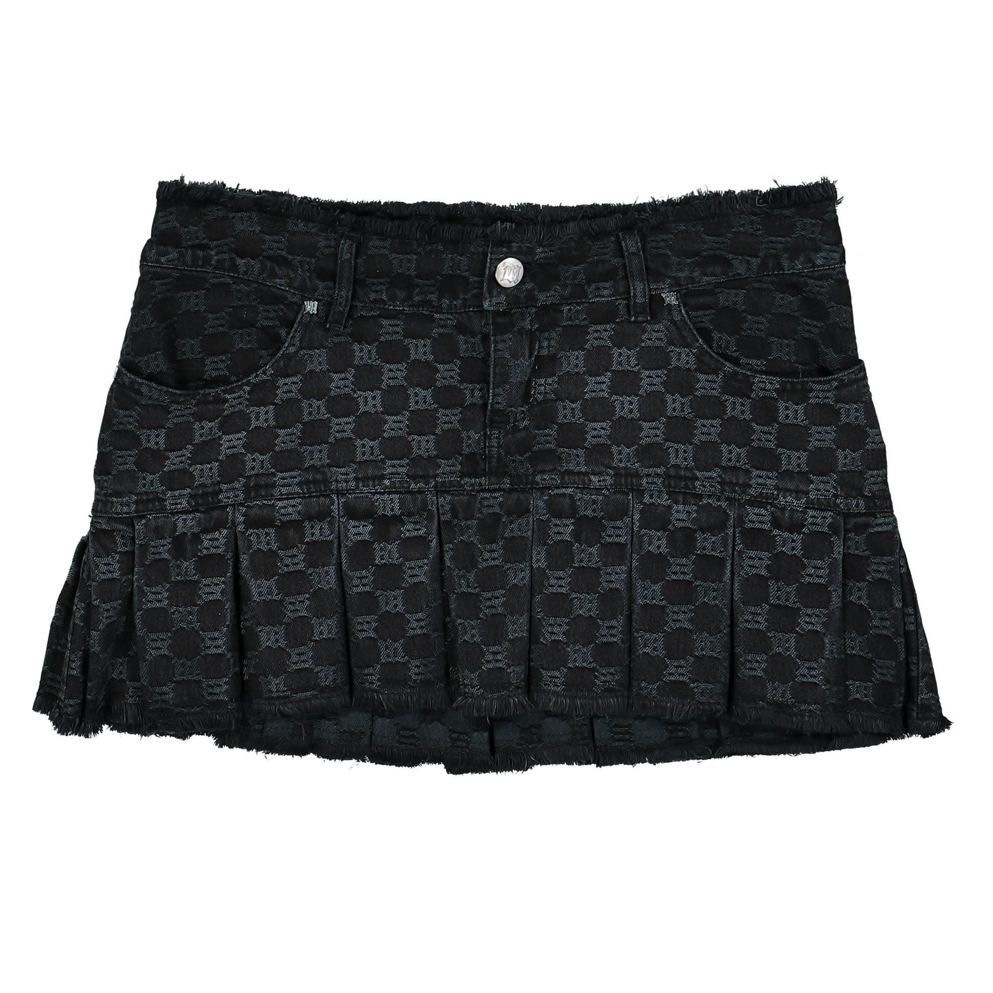 MISBHV Monogram Denim Pleated Skirt Black Detail view 1 | Gate