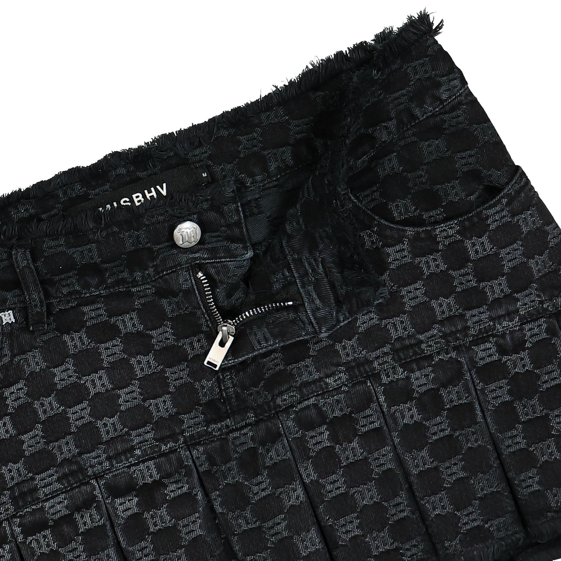 MISBHV Monogram Denim Pleated Skirt Black Detail view 4 | Gate