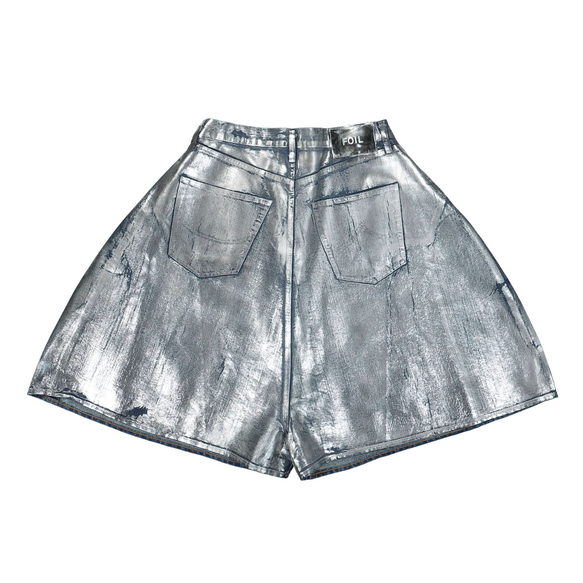 Doublet Foil Denim Short Pants Silver Detail view 2 | Gate