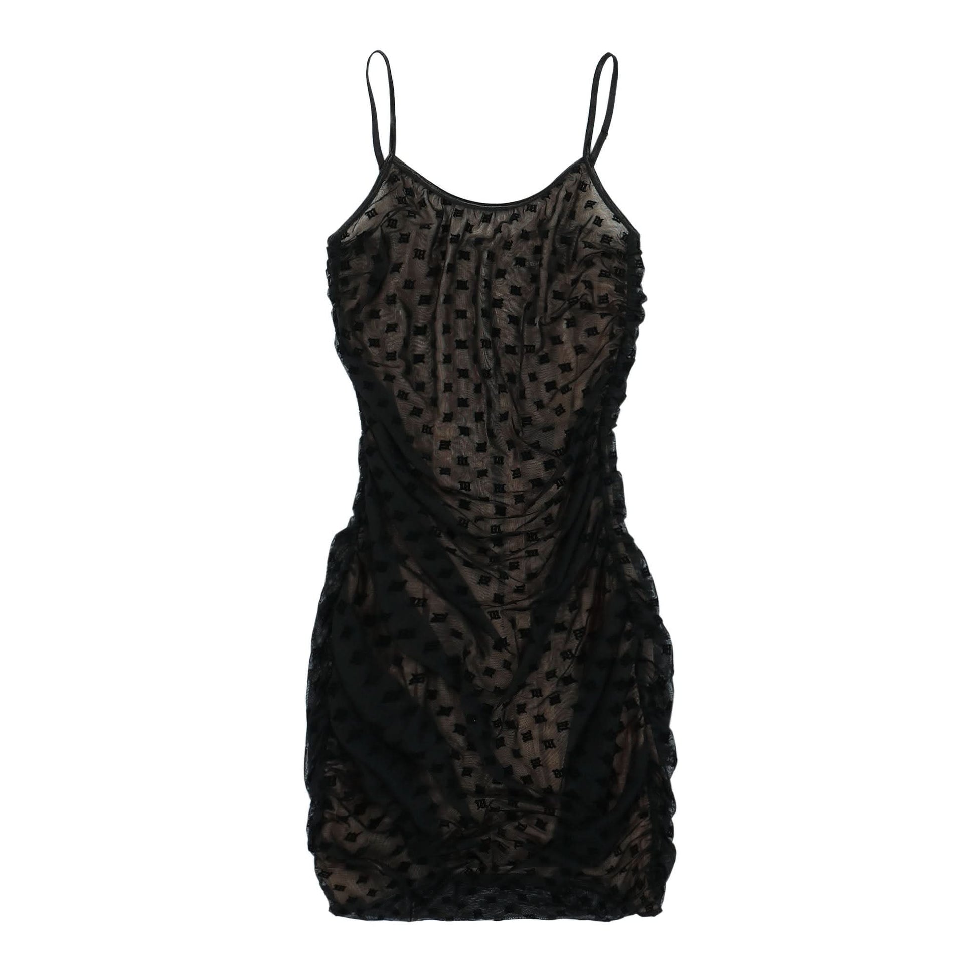 MISBHV Mesh Monogram Draped Mini Dress Black Detail view 1 | Gate