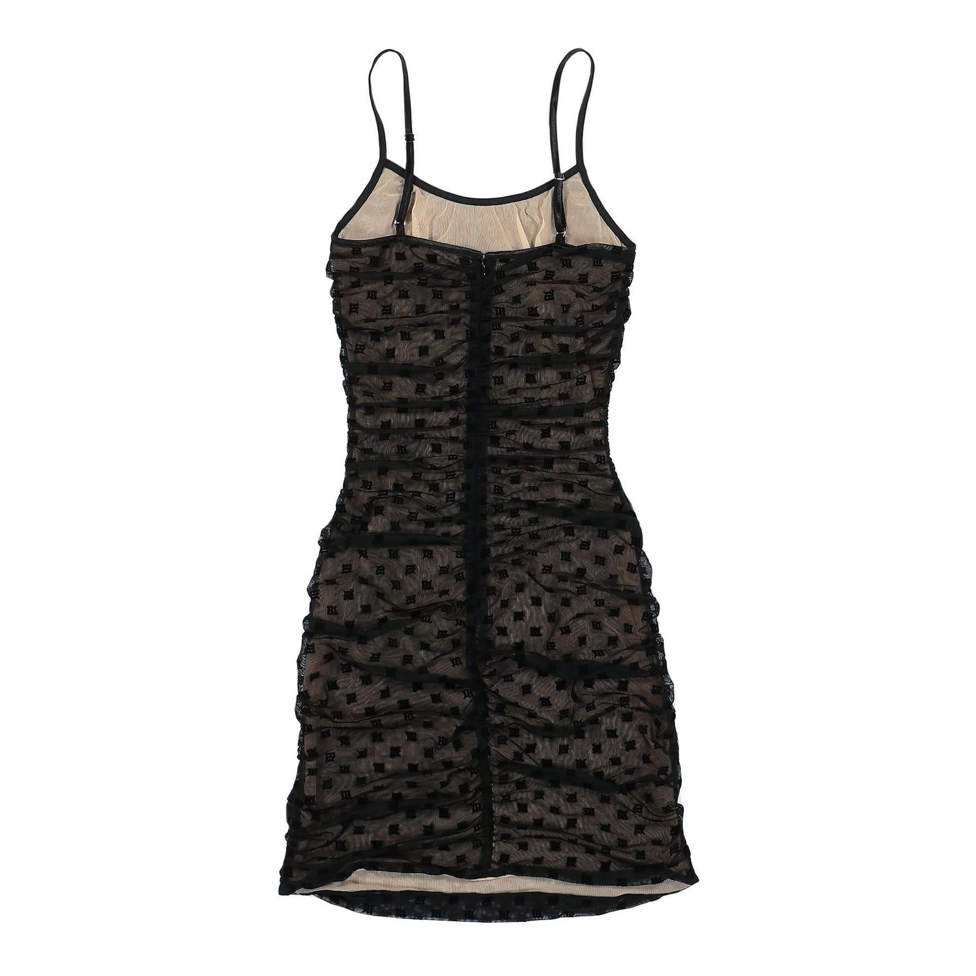 MISBHV Mesh Monogram Draped Mini Dress Black Detail view 2 | Gate