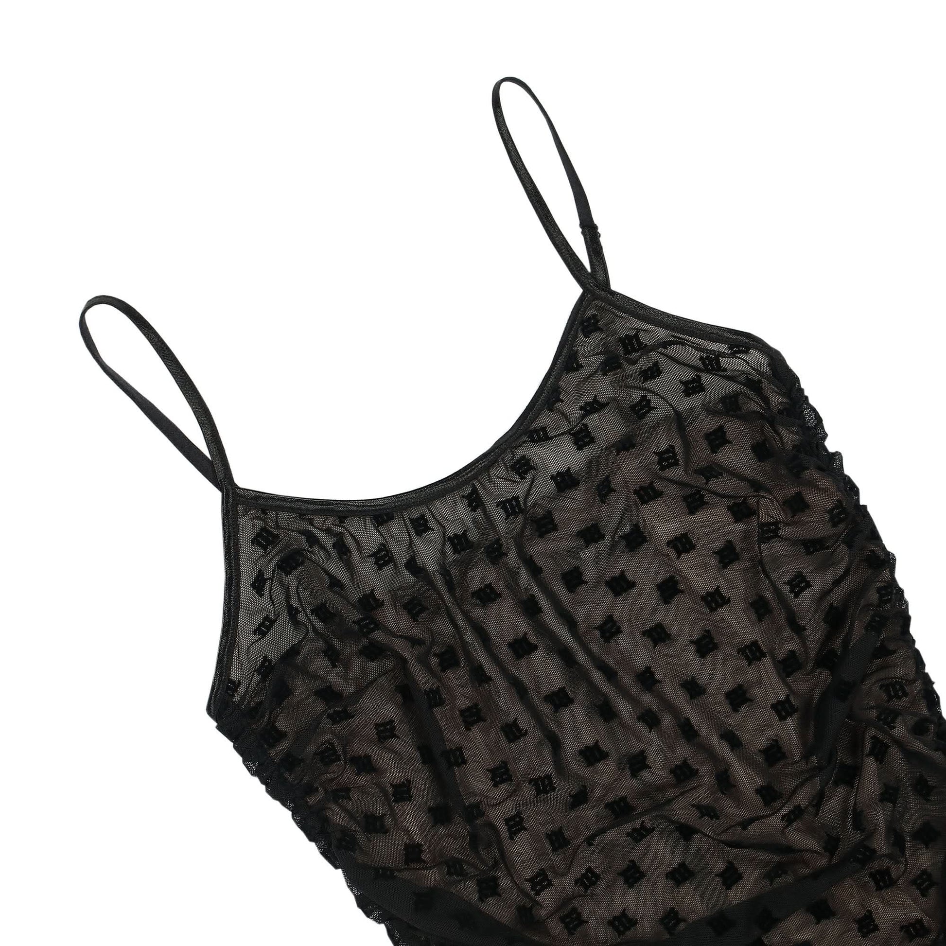 MISBHV Mesh Monogram Draped Mini Dress Black Detail view 3 | Gate