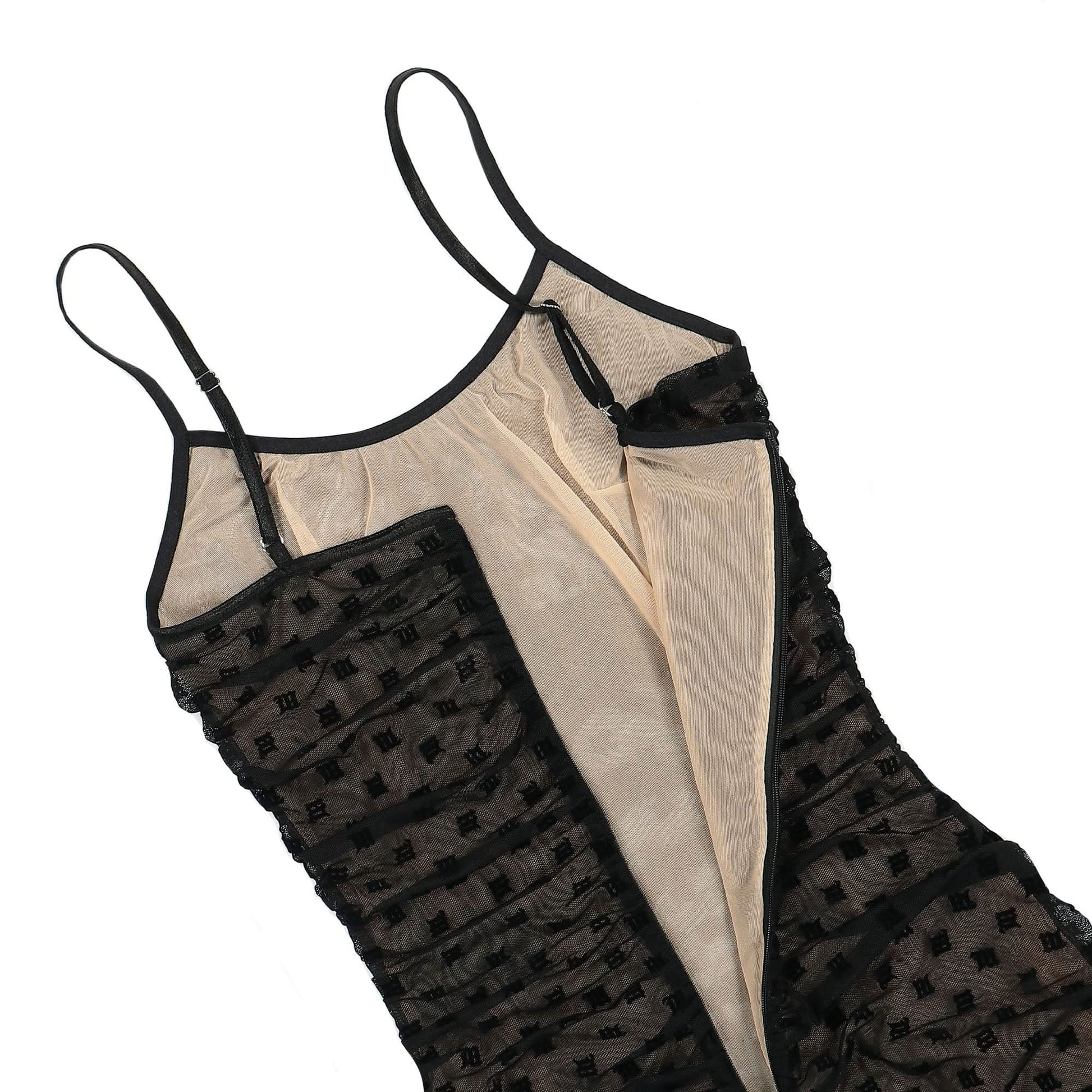 MISBHV Mesh Monogram Draped Mini Dress Black Detail view 4 | Gate