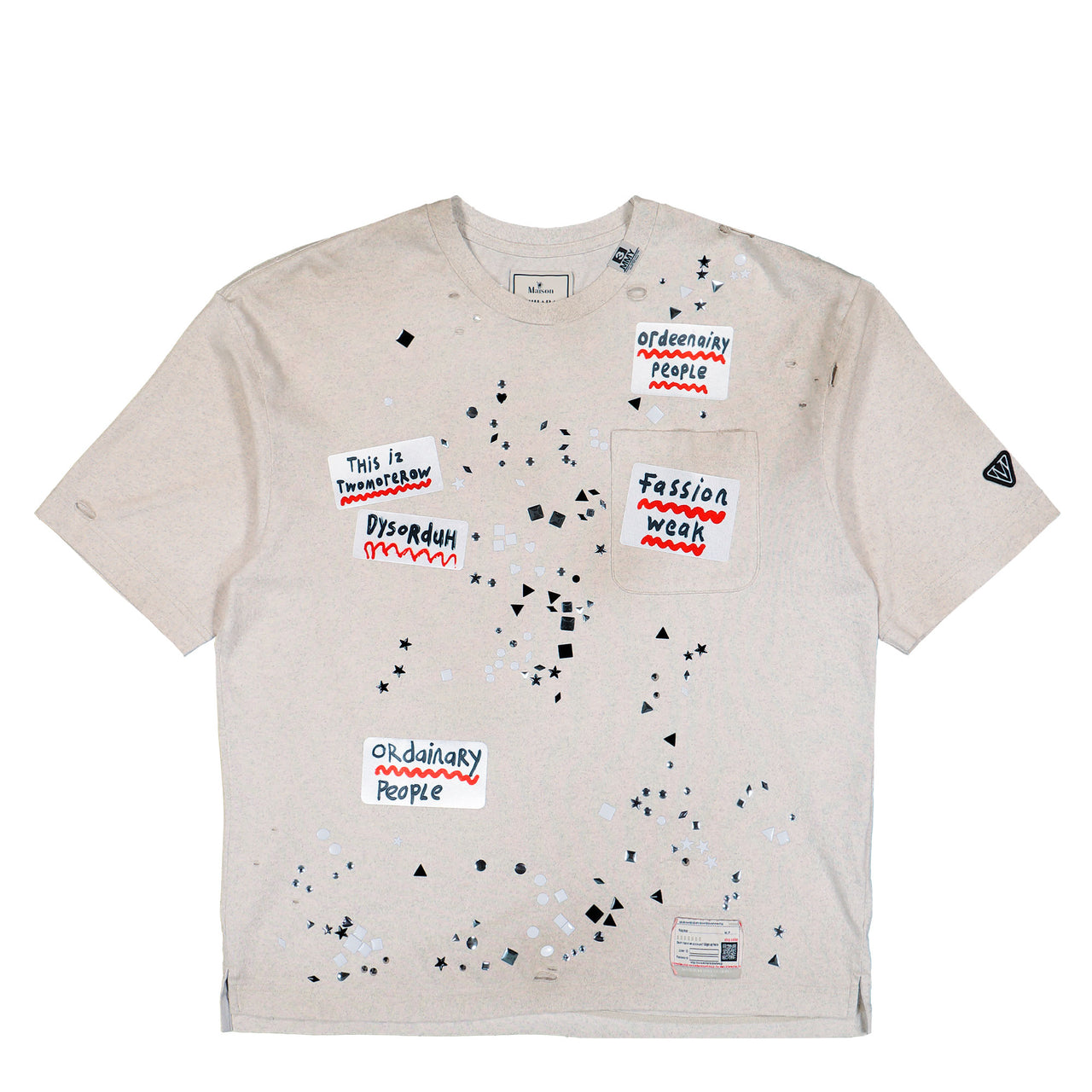 Maison Mihara Yasuhiro Embellished Sticker Tee White T-Shirt A16TS592 Detail View 1 | GATE