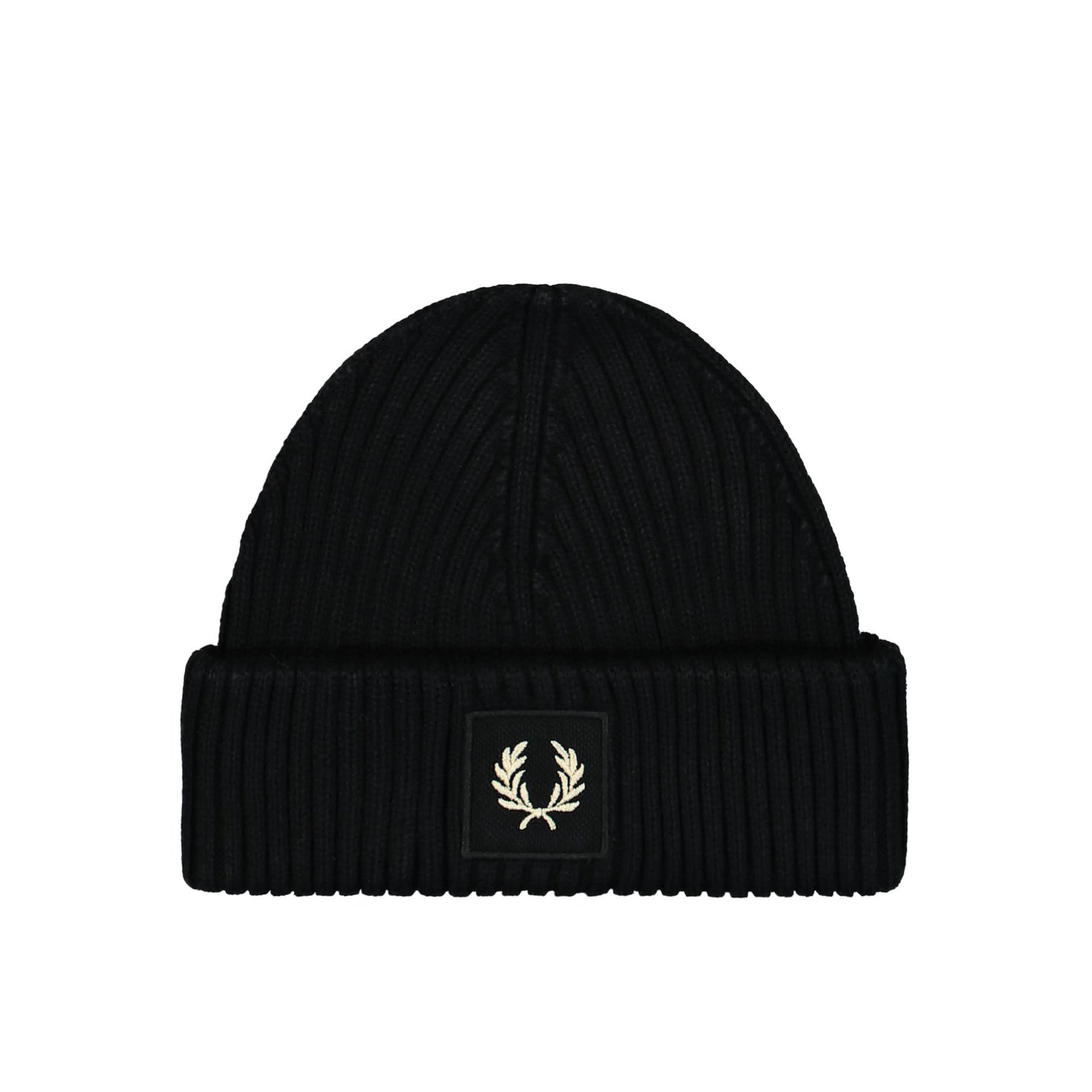 Fred Perry Patch Brand Chunky Rib Beanie Black Detail view 1 | Gate