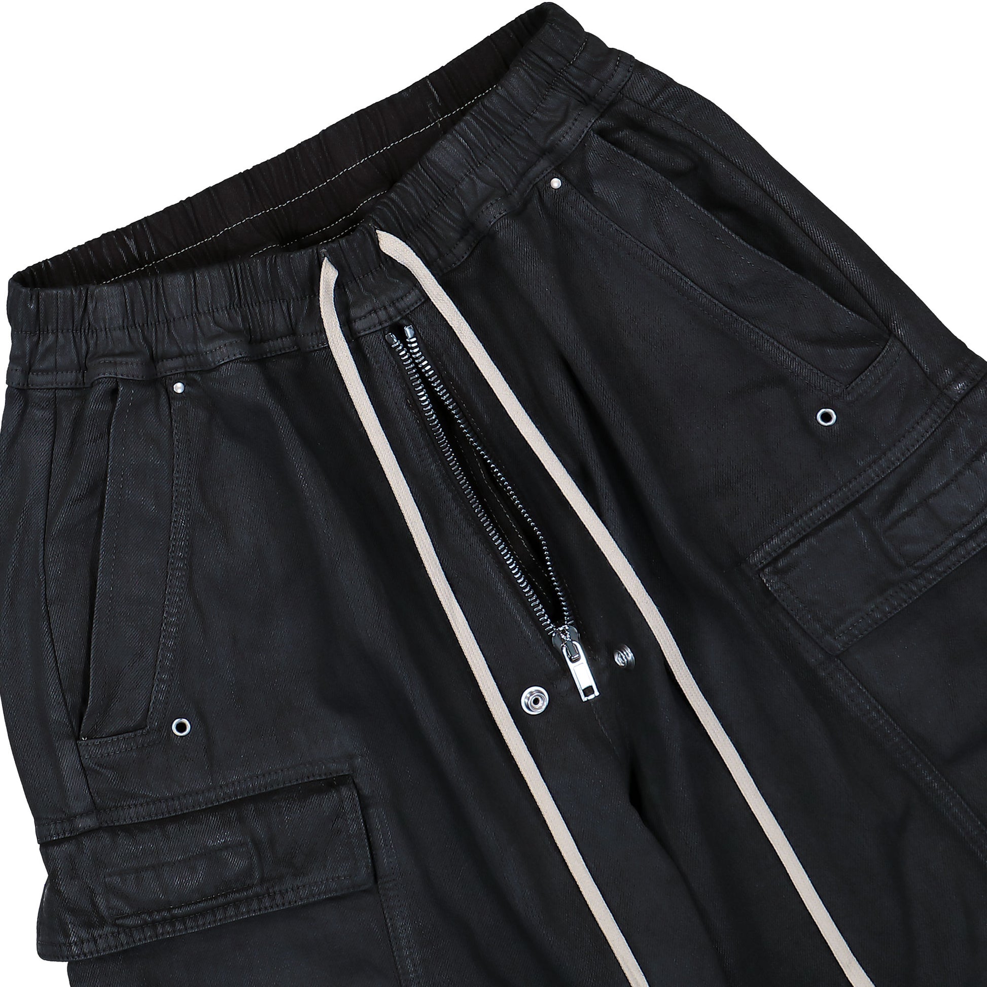 Rick Owens DRKSHDW Double Cargo Jumbo Belas Black Wax Denim Pants DU02E7398 BW 99X Detail View 4 | GATE