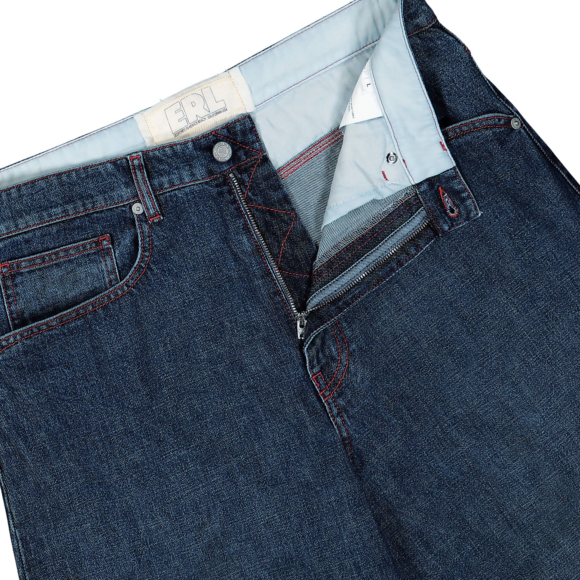 ERL Baggy Indiana Distressed Jeans Blue Detail view 4 | Gate