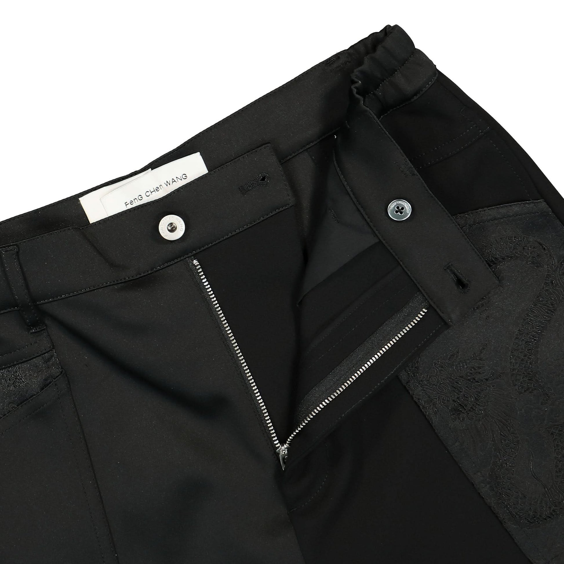 Feng Chen Wang Dragon Jacquard Patchworks Shorts Black Detail view 4 | Gate