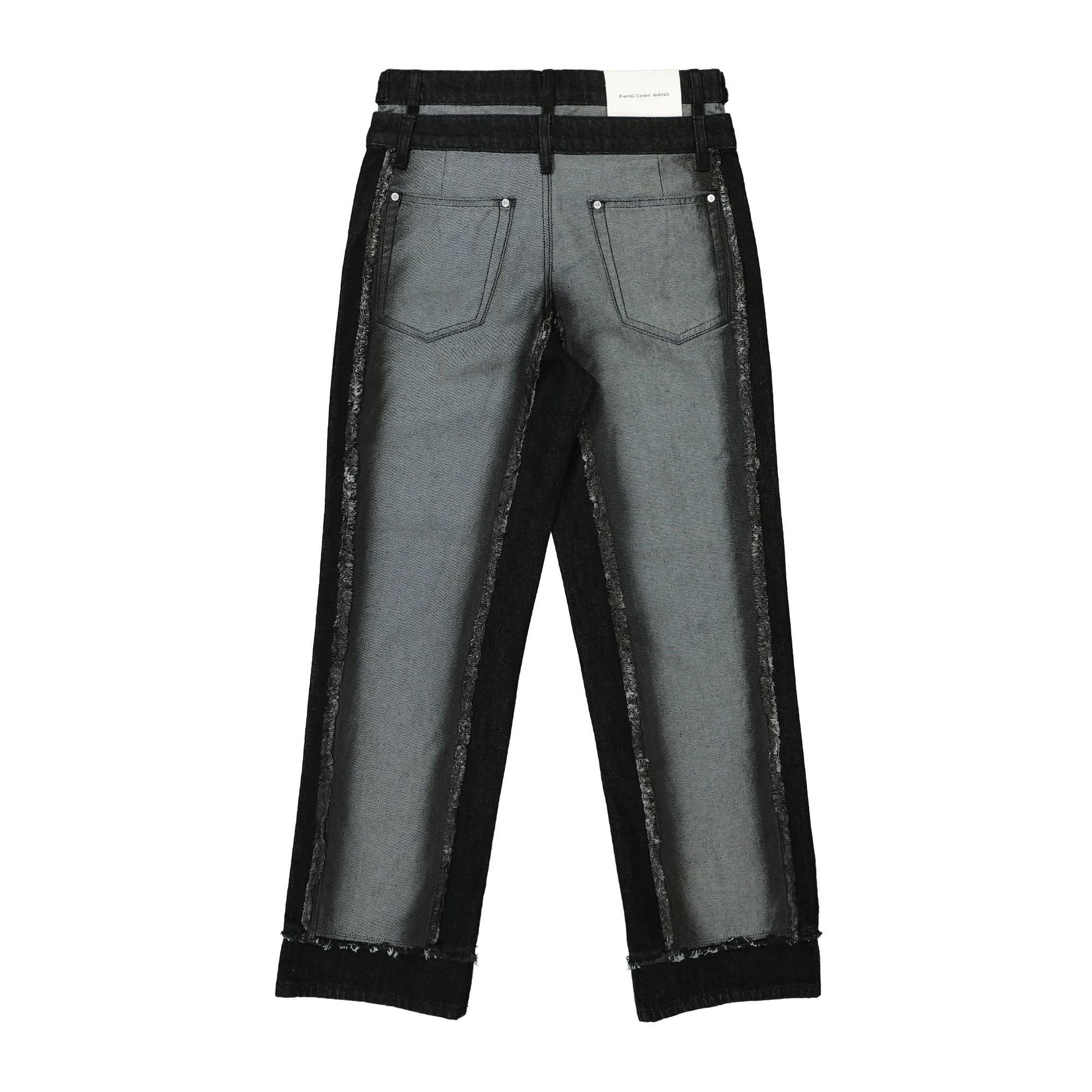 Feng Chen Wang Raw Edge Patchwork Trousers Black,Grey Detail view 2 | Gate