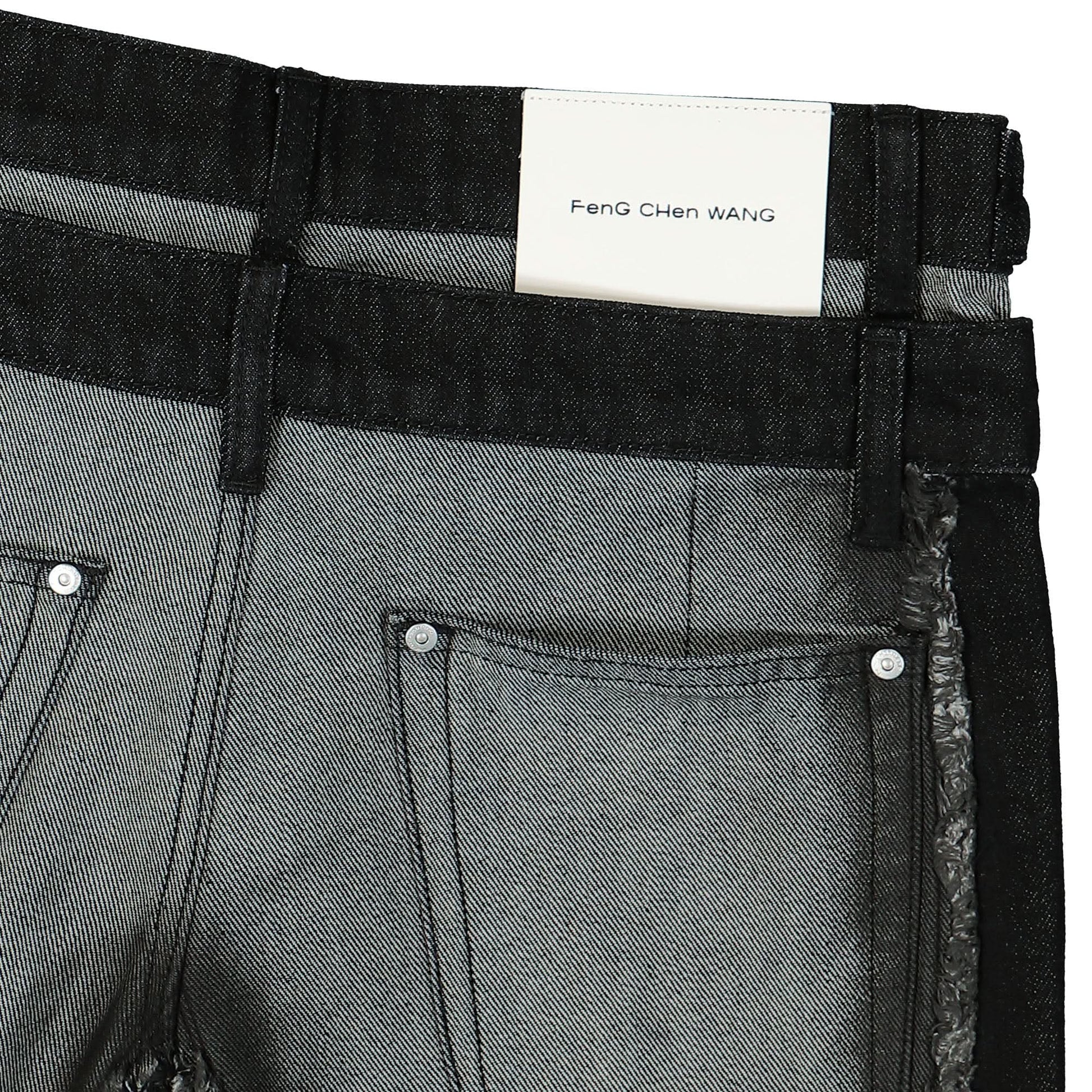 Feng Chen Wang Raw Edge Patchwork Trousers Black,Grey Detail view 5 | Gate