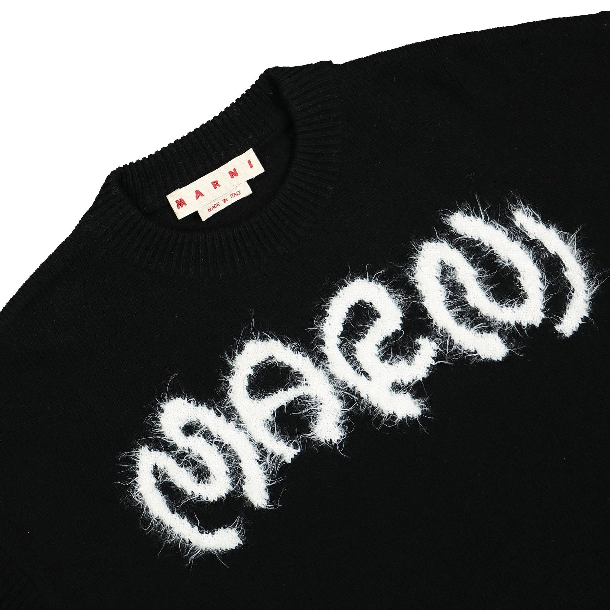 Marni Logo Intarsia Shetland Wool Roundneck Sweater Black Detail view 3 | Gate