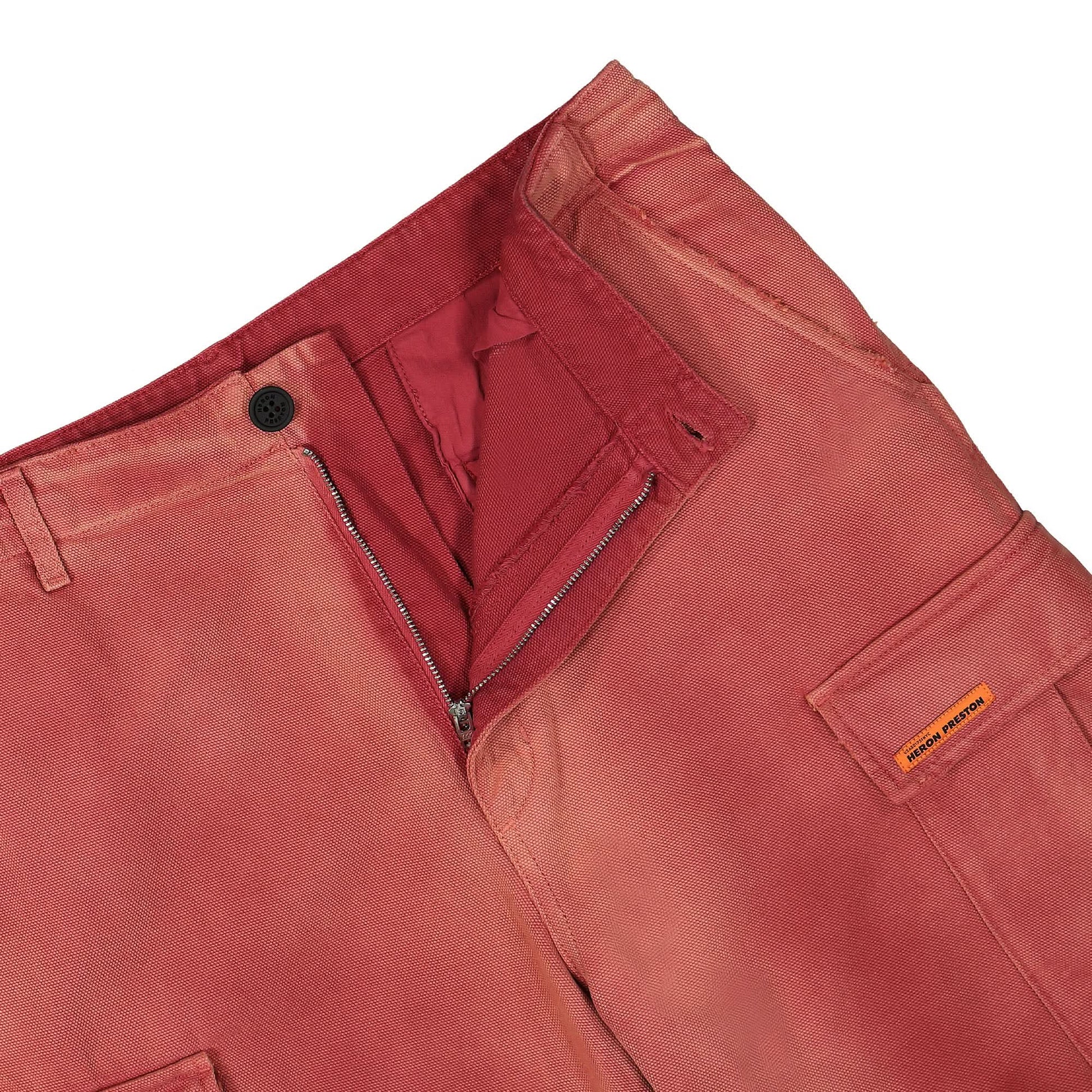 Heron Preston Distressed Canvas Cargo Pants Red Detail view 4 | Gate
