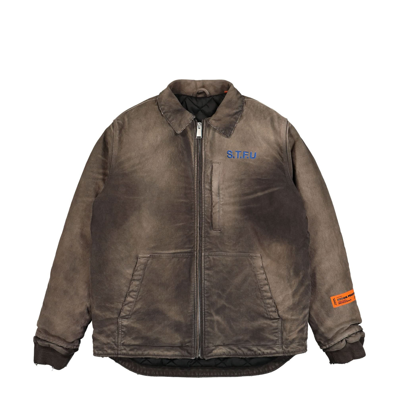 Heron Preston STFU Distressed Canvas Jacket Brown Detail view 1 | Gate