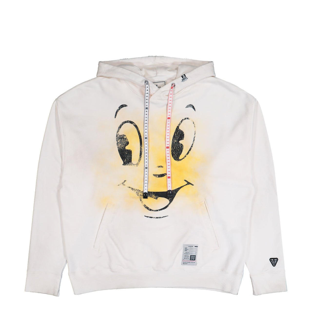 Maison Mihara Yasuhiro Happy Face Printed Distressed Hoodie White Hoodies J15HD731 Detail View 1 | GATE