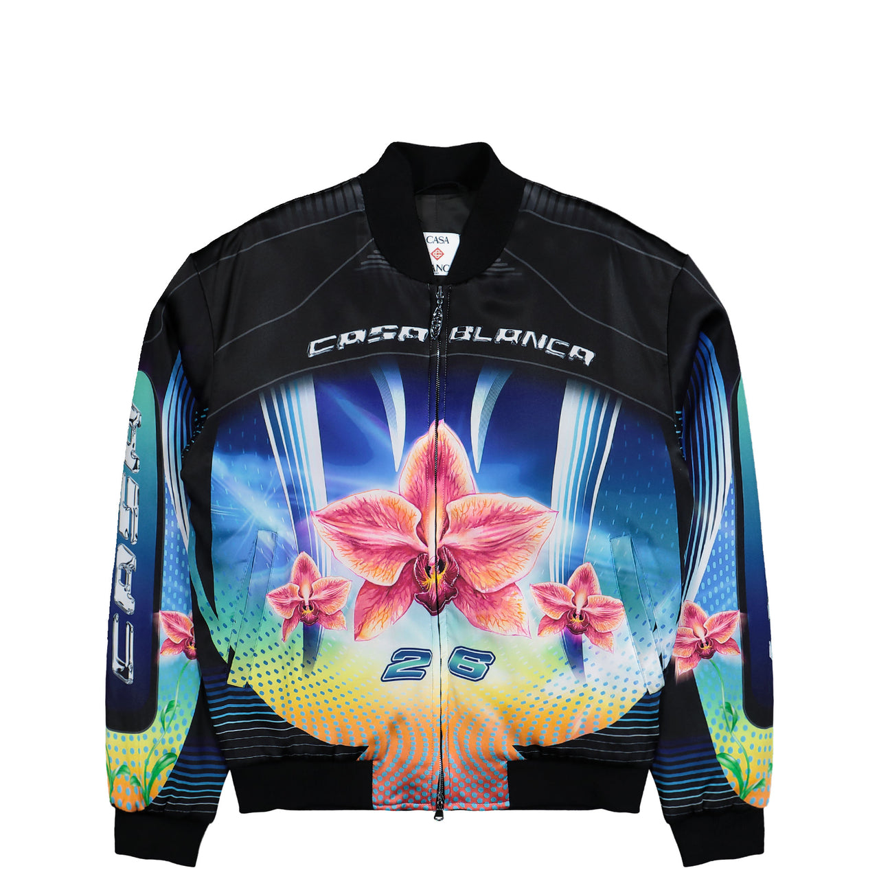 Casablanca Orchid Racer Printed Bomber Jacket Black / Multicolor Jackets M-SP26-JK-448-01 Detail View 1 | GATE