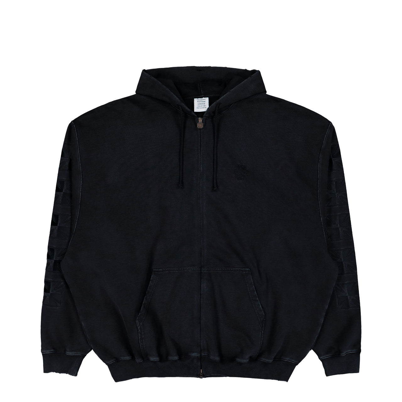 VETEMENTS Embroidered Biker Cross Sleeves Zip-Up Hoodie Black Hoodies ME76ZU169B Detail View 1 | GATE
