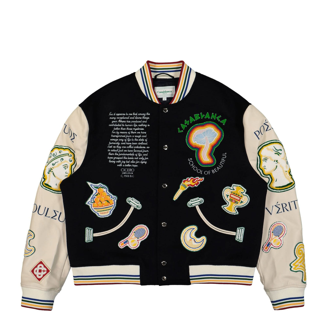 Casablanca Chenille Embroidered Patchwork Bomber Jacket Multicolor Detail view 1 | Gate
