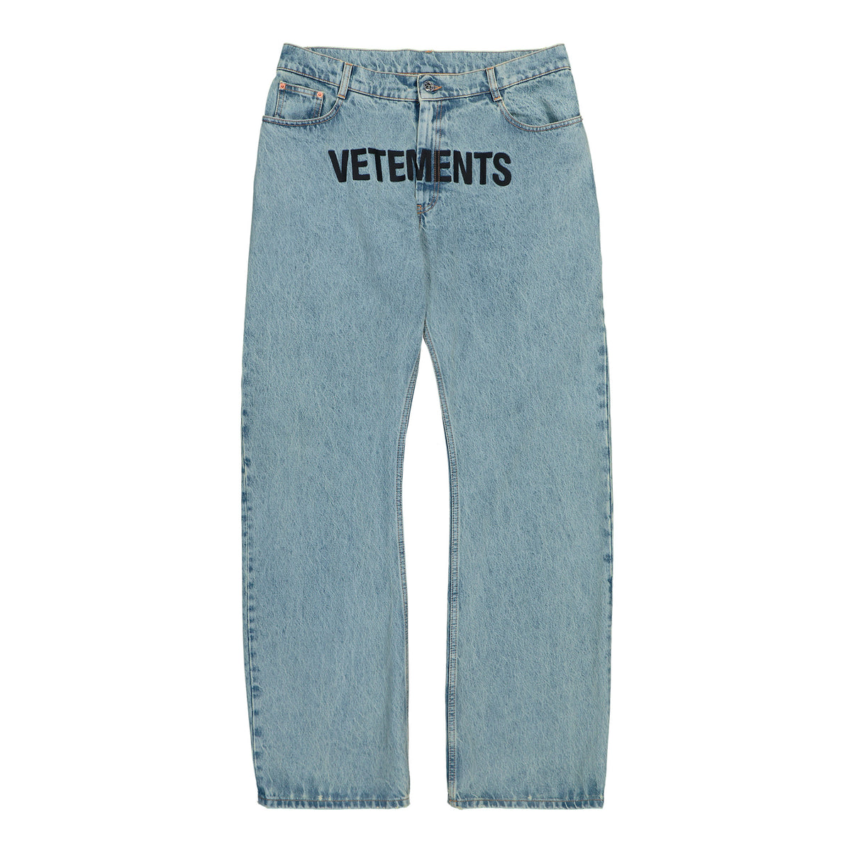 VETEMENTS Embroidered Logo O-Leg Jeans Vintage Blue Denim MH27DJ079LB Detail View 1 | GATE