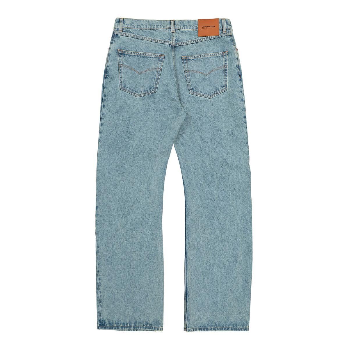 VETEMENTS Embroidered Logo O-Leg Jeans Vintage Blue Denim MH27DJ079LB Detail View 1 | GATE