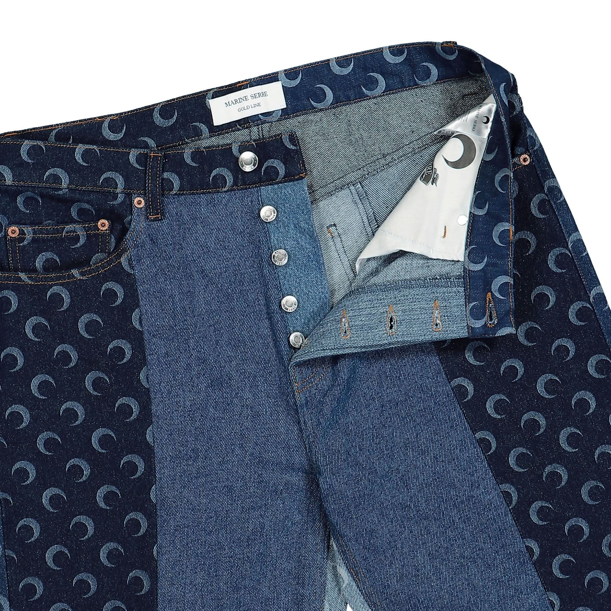 Marine Serre Regenerated Denim Slim Fit Pants Blue Detail view 4 | Gate