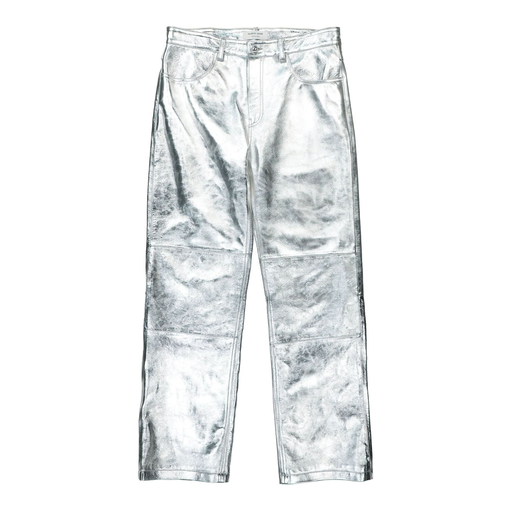 Marine Serre Embossed Leather Wide Leg Pants Silver Detail view 1 | Gate