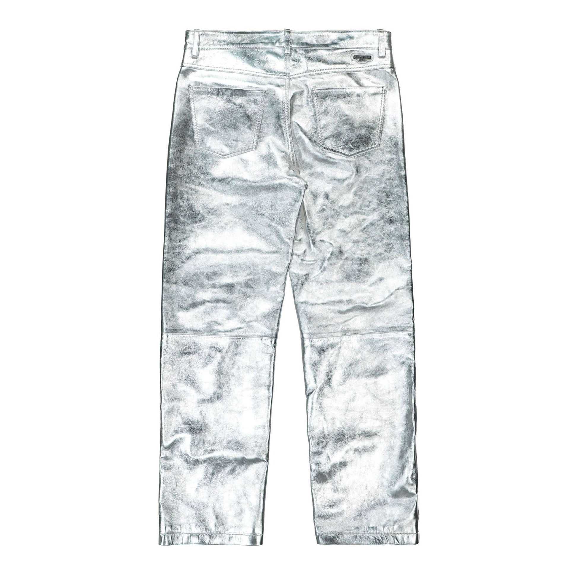 Marine Serre Embossed Leather Wide Leg Pants Silver Detail view 2 | Gate
