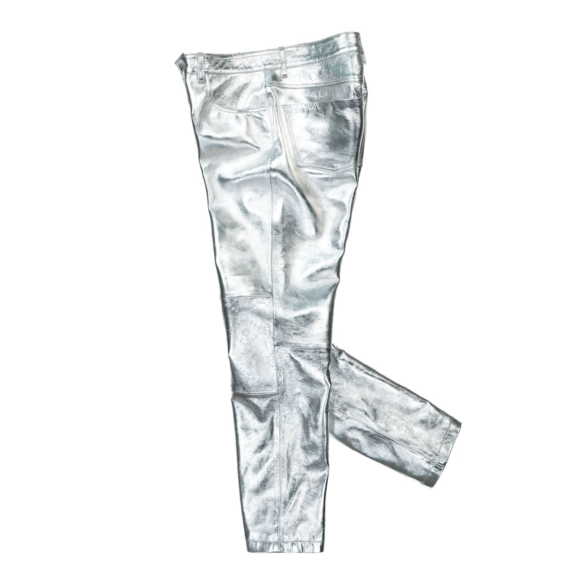 Marine Serre Embossed Leather Wide Leg Pants Silver Detail view 3 | Gate