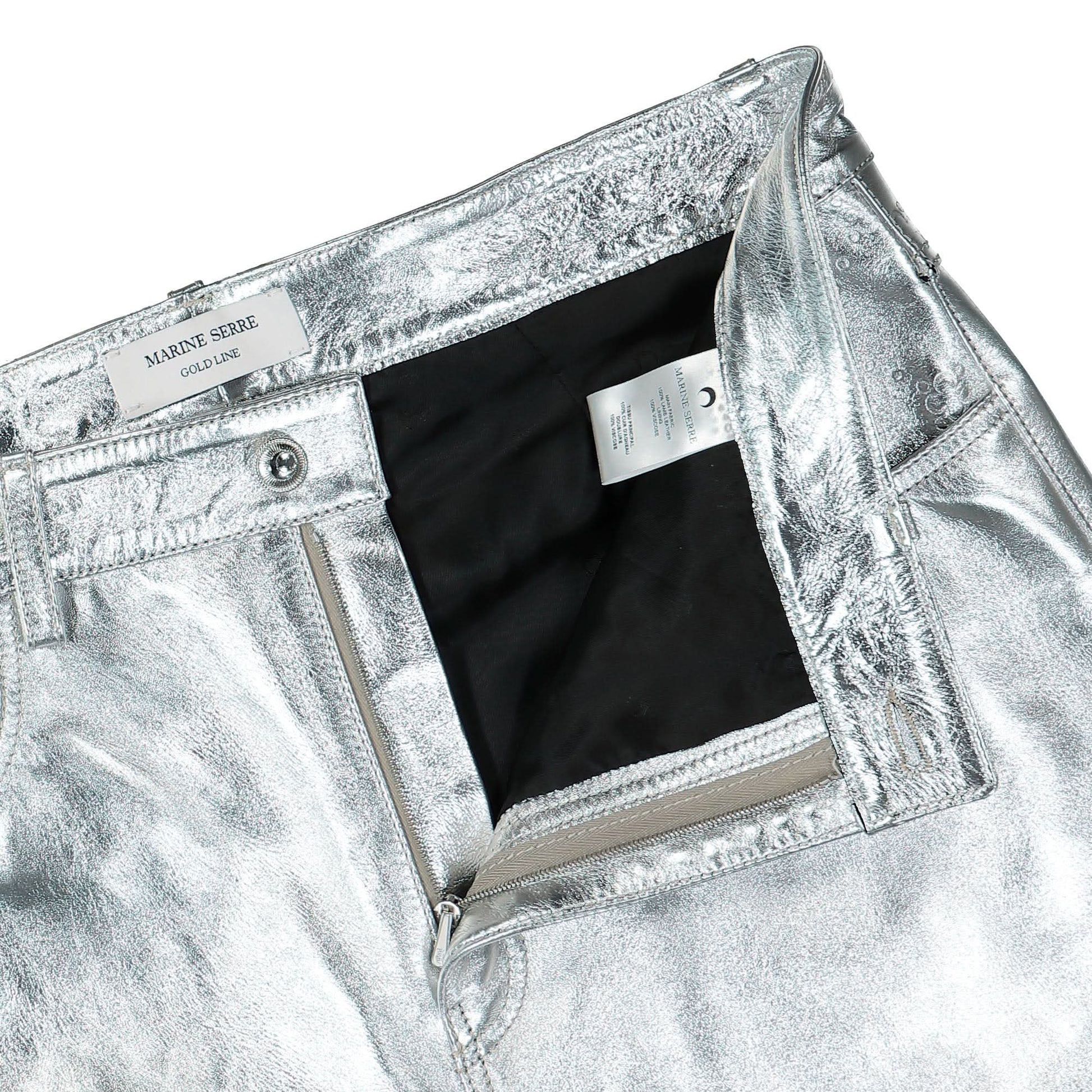 Marine Serre Embossed Leather Wide Leg Pants Silver Detail view 4 | Gate
