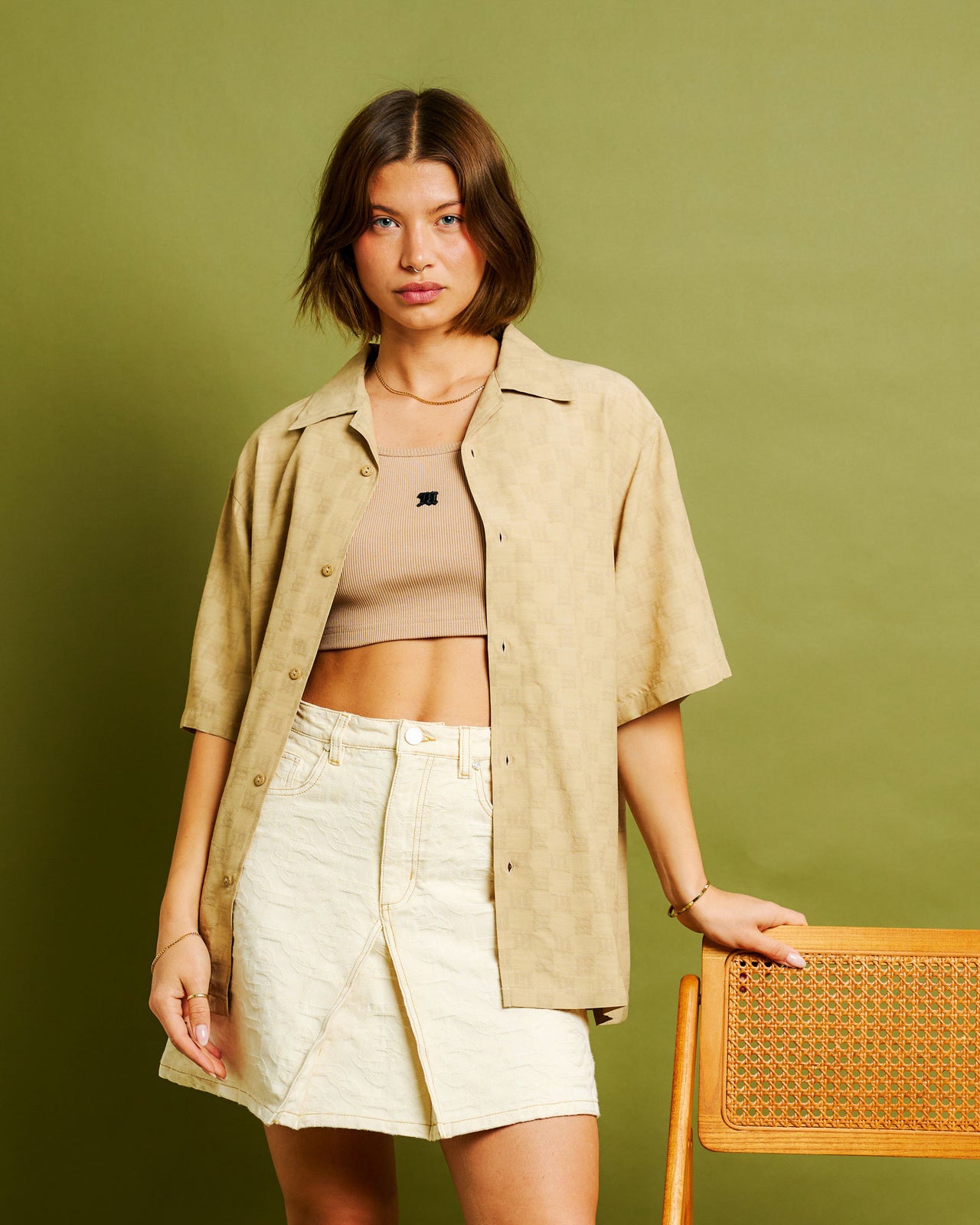 MISBHV Monogram Viscose Wool Shirt Beige Detail view 1 | Gate