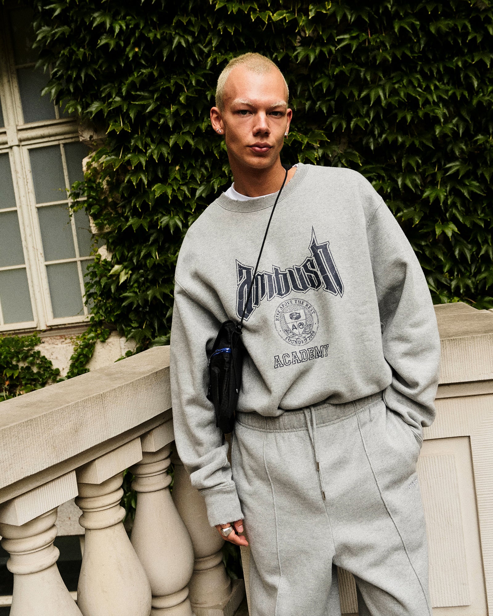 Ambush Academy Crewneck  Light Grey / Navy Sweatshirts BMBA034F23FLE0010546 On Model Front View | GATE