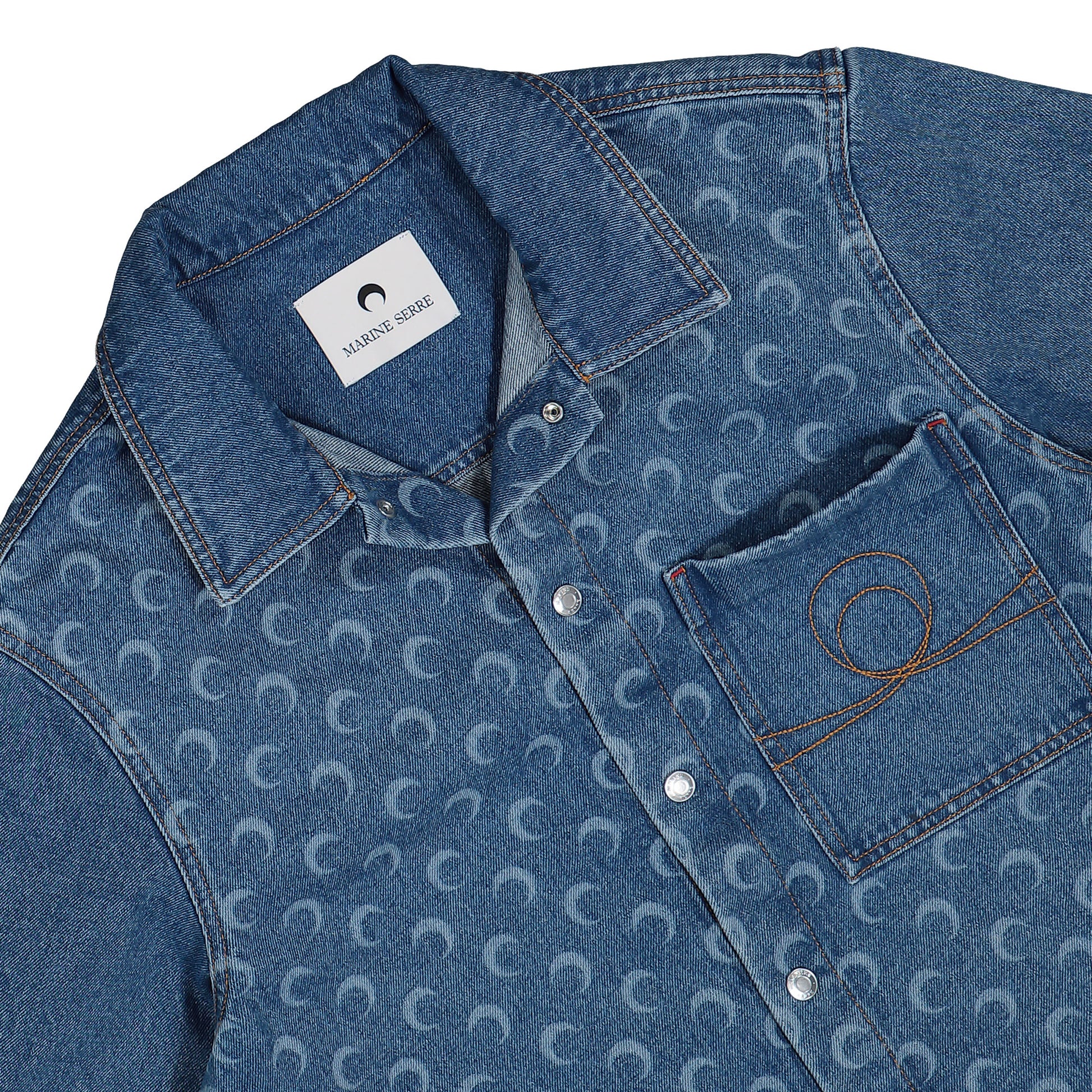 Marine Serre Moon Laser Denim Workwear Shirt Blue Detail view 3 | Gate