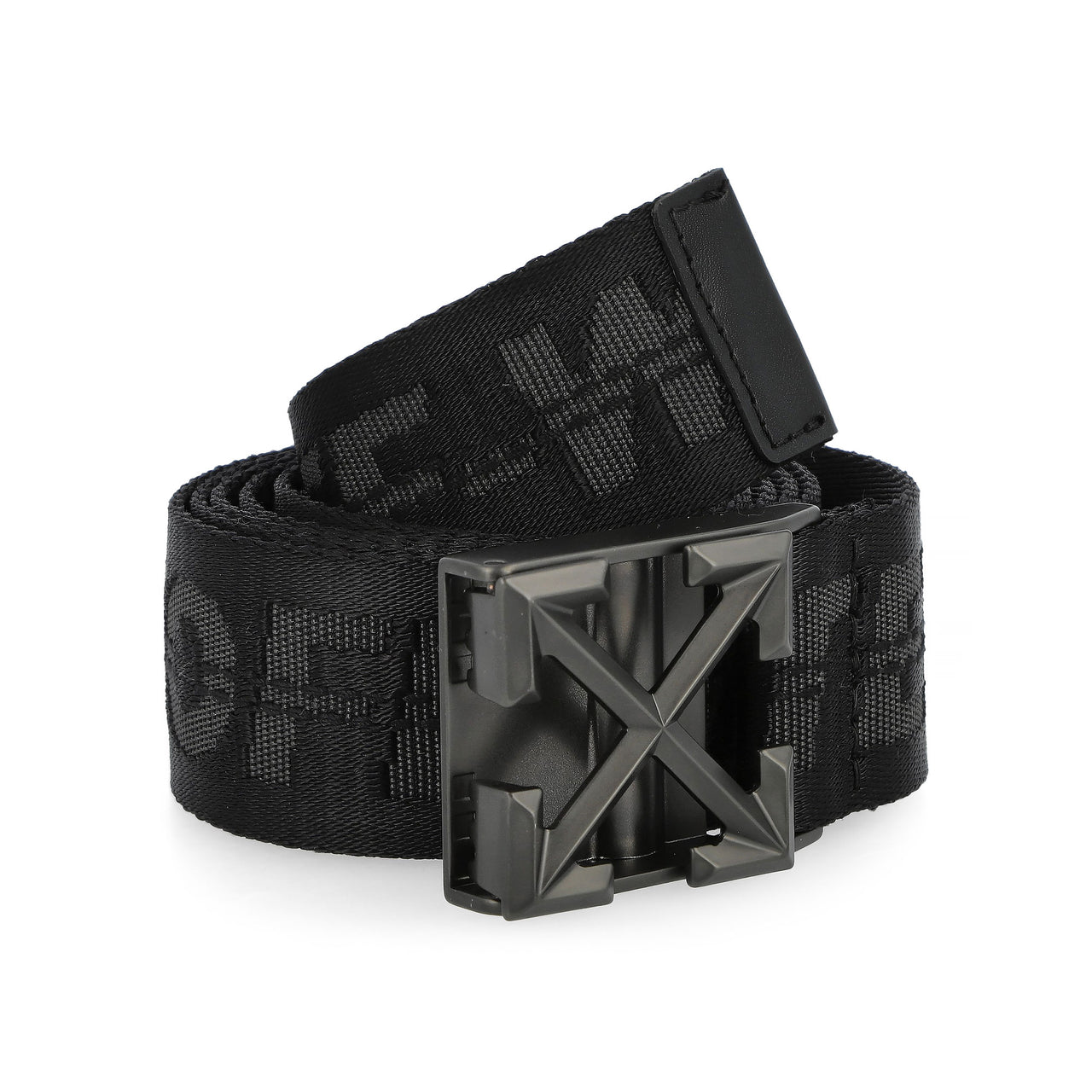 Off White Tape Belt Arrow 38MM Black / Black Belts OMRB14LC99FAB0011010 Detail View 1 | GATE