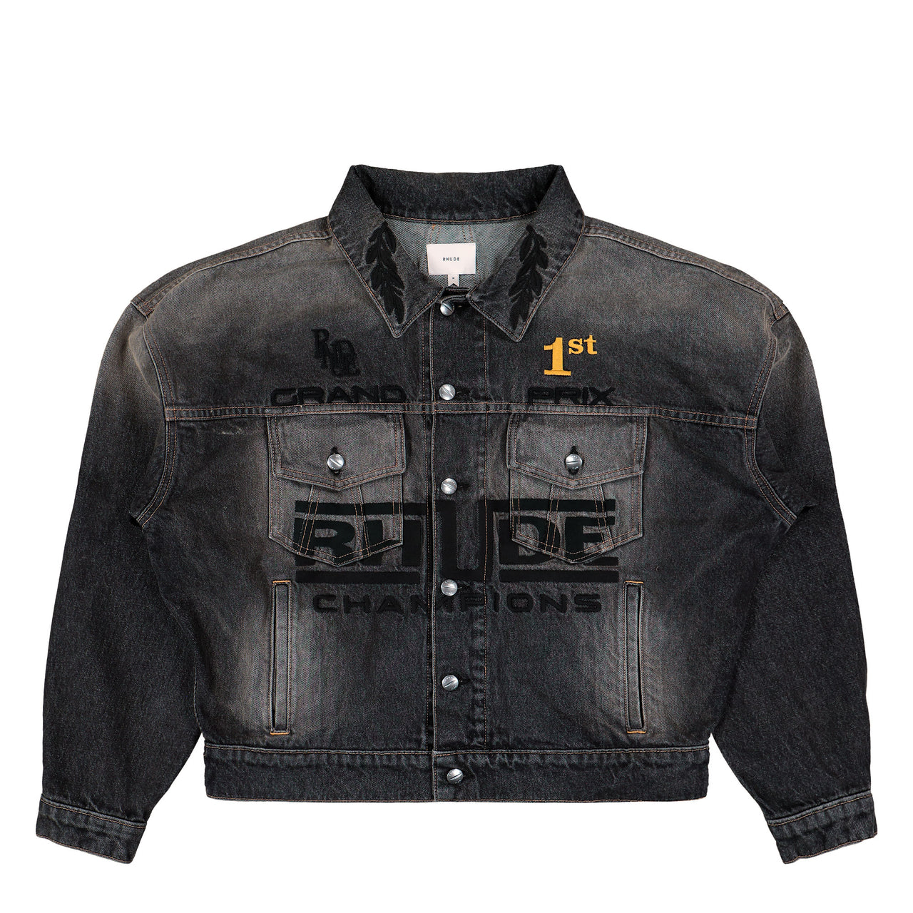 Rhude Tire Denim Trucker Jacket Agoura Black Jackets RHFW25JA04012 Detail View 1 | GATE