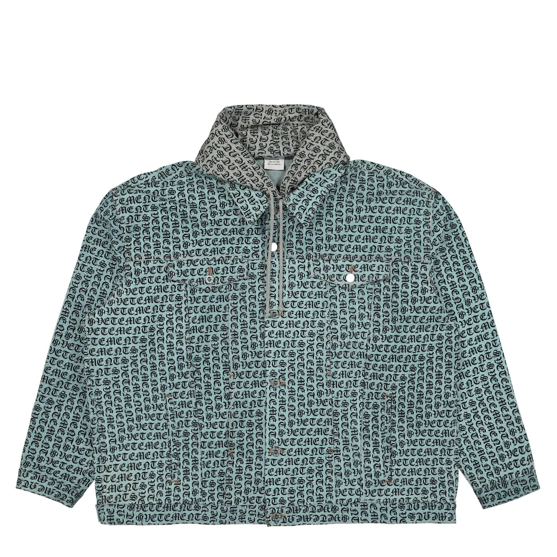VETEMENTS Gothic Monogram Denim Jacket With A Hood Blue Detail view 1 | Gate