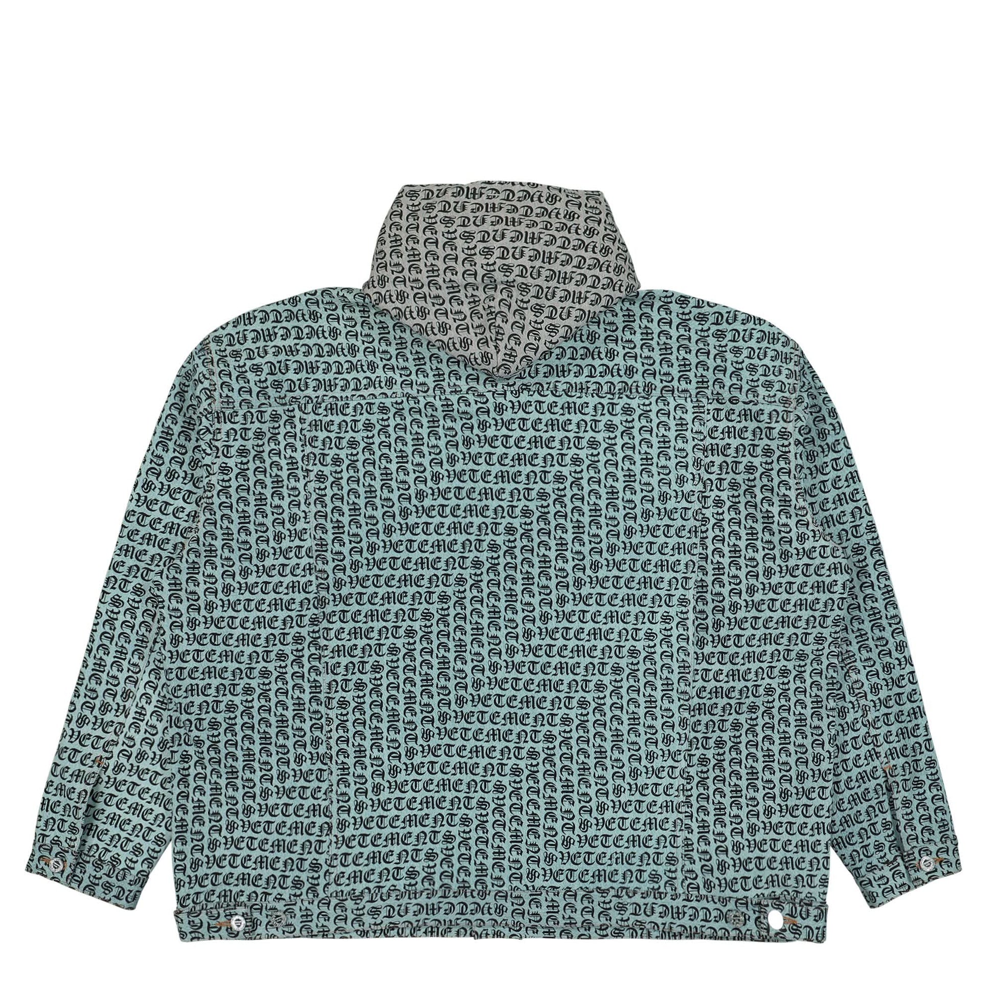 VETEMENTS Gothic Monogram Denim Jacket With A Hood Blue Detail view 2 | Gate