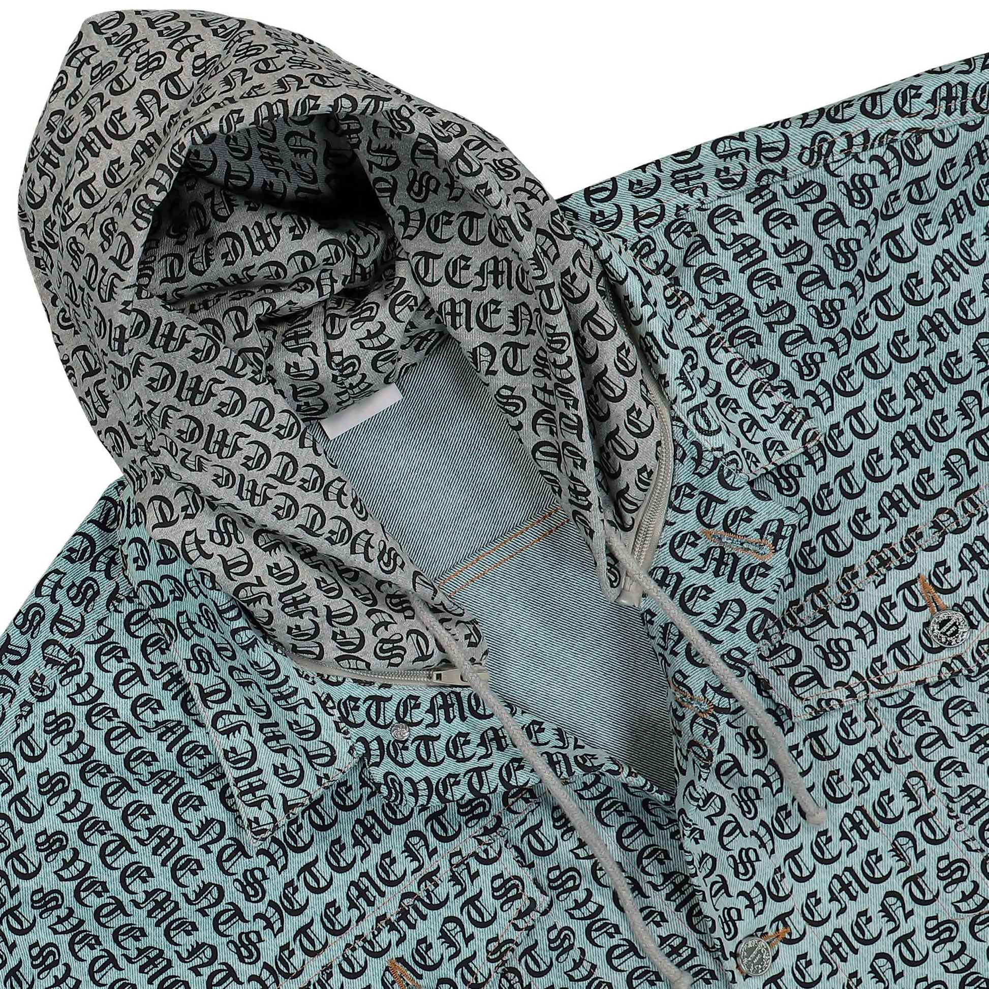 VETEMENTS Gothic Monogram Denim Jacket With A Hood Blue Detail view 4 | Gate