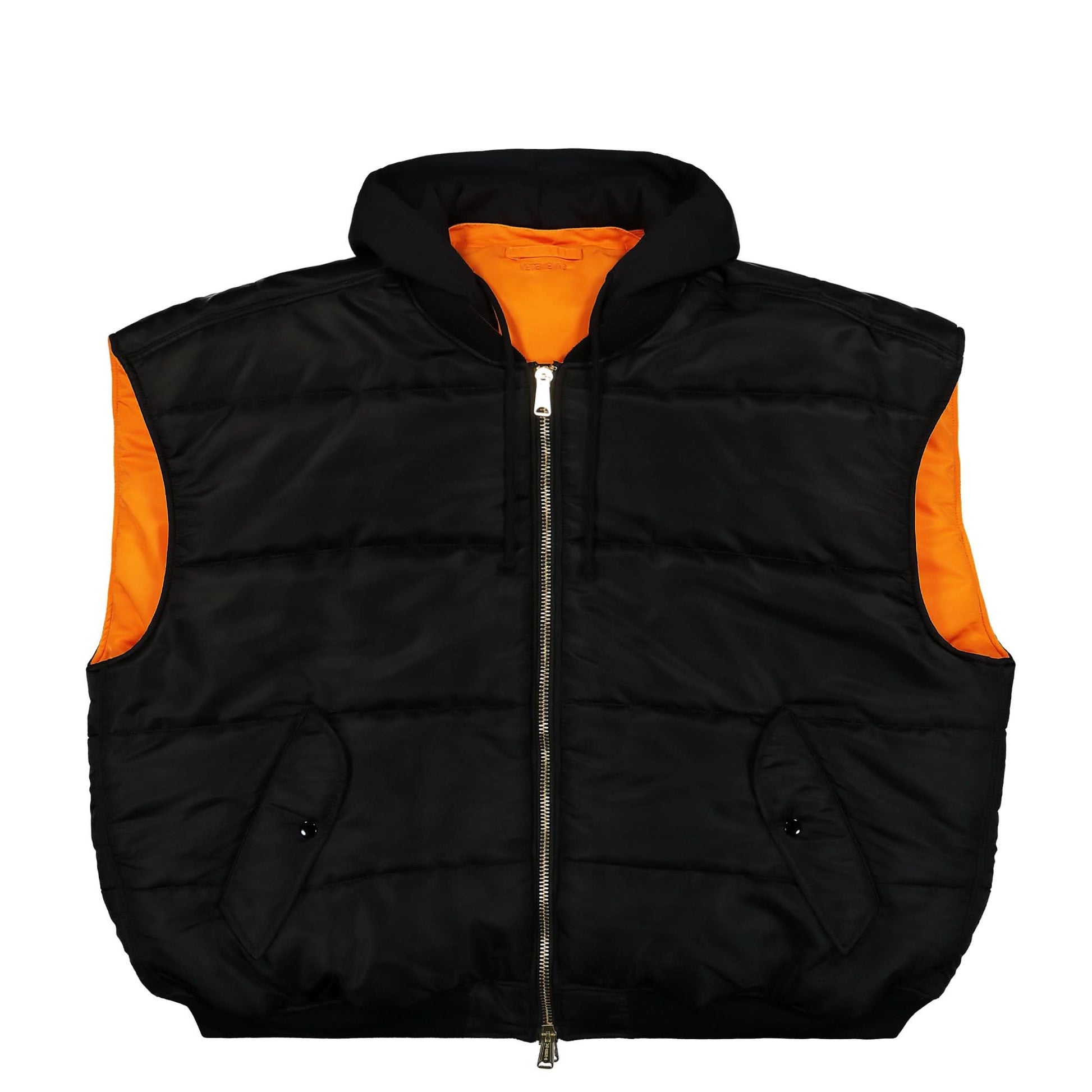 VETEMENTS Logo Bomber Reversible Vest with a Hood Black Detail view 1 | Gate