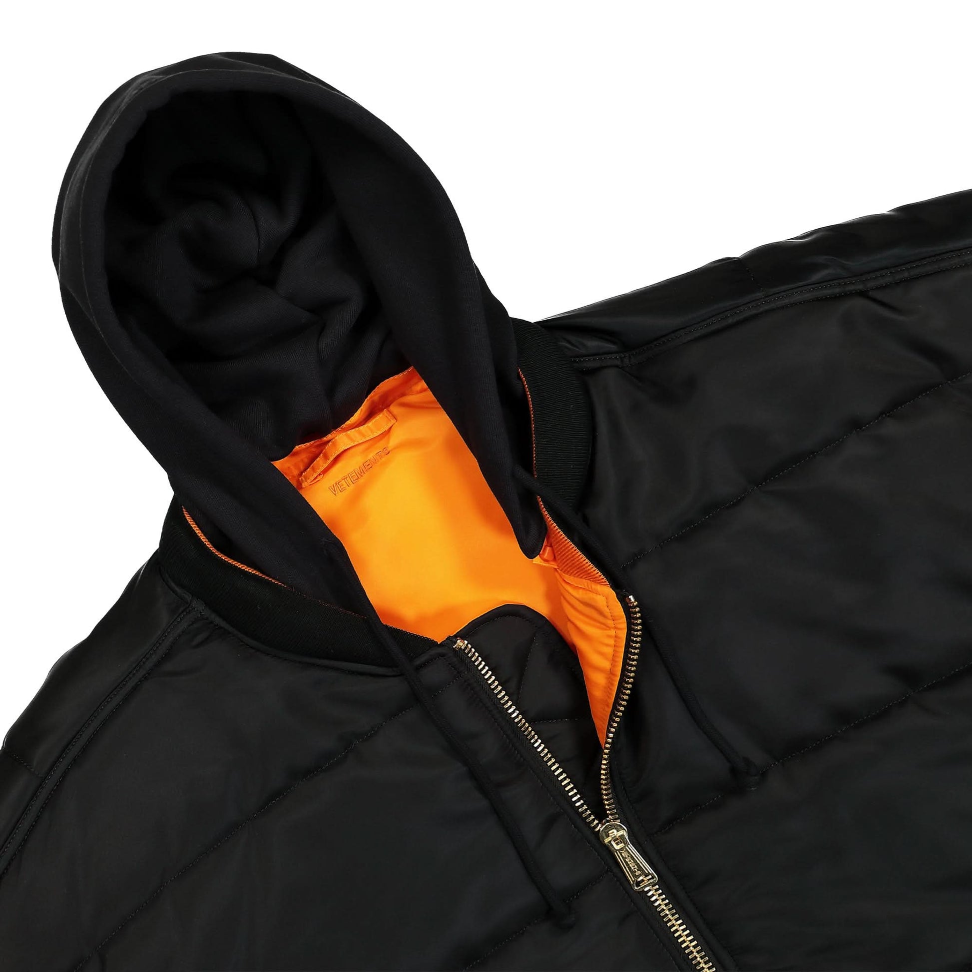 VETEMENTS Logo Bomber Reversible Vest with a Hood Black Detail view 3 | Gate