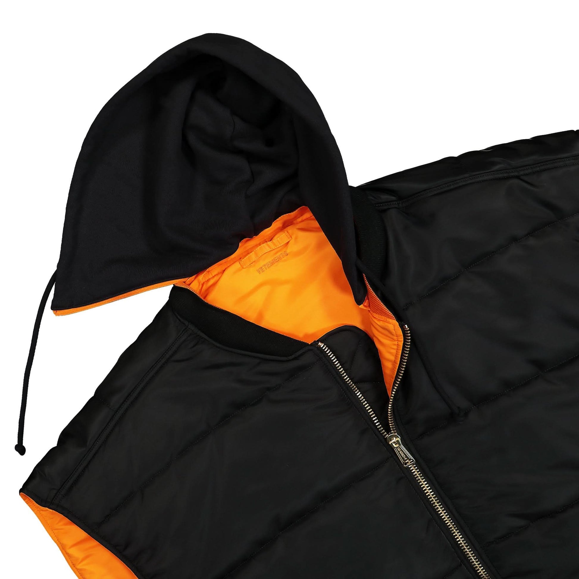 VETEMENTS Logo Bomber Reversible Vest with a Hood Black Detail view 4 | Gate
