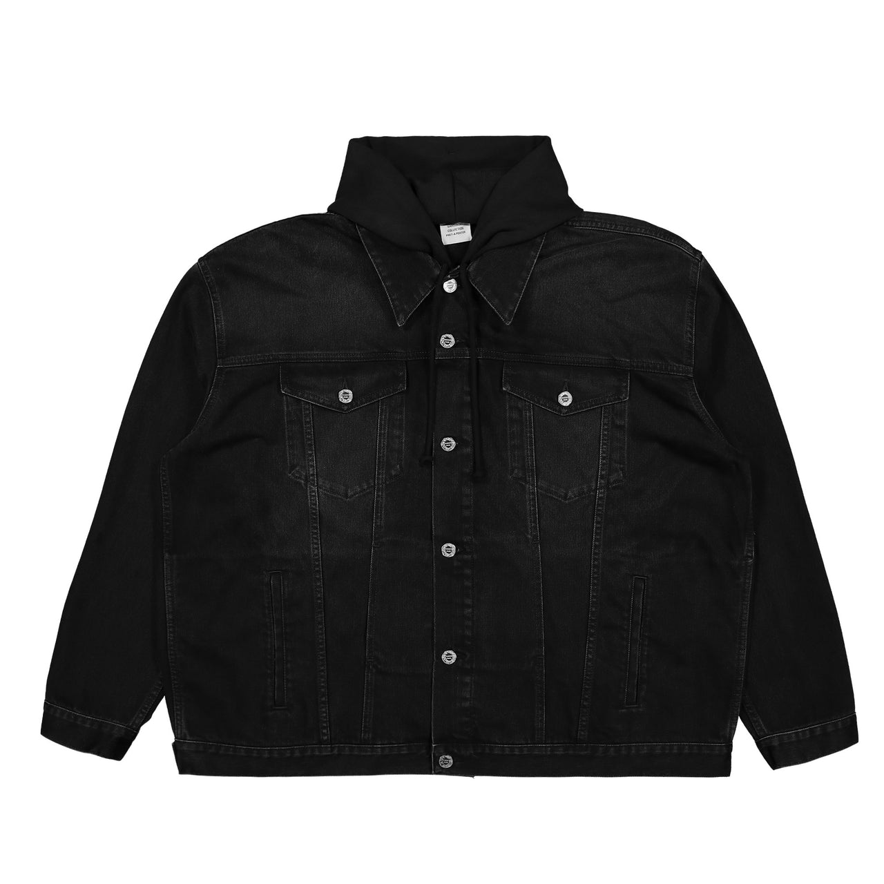 VETEMENTS 3D Logo Hooded Denim Jacket Black Detail view 1 | Gate