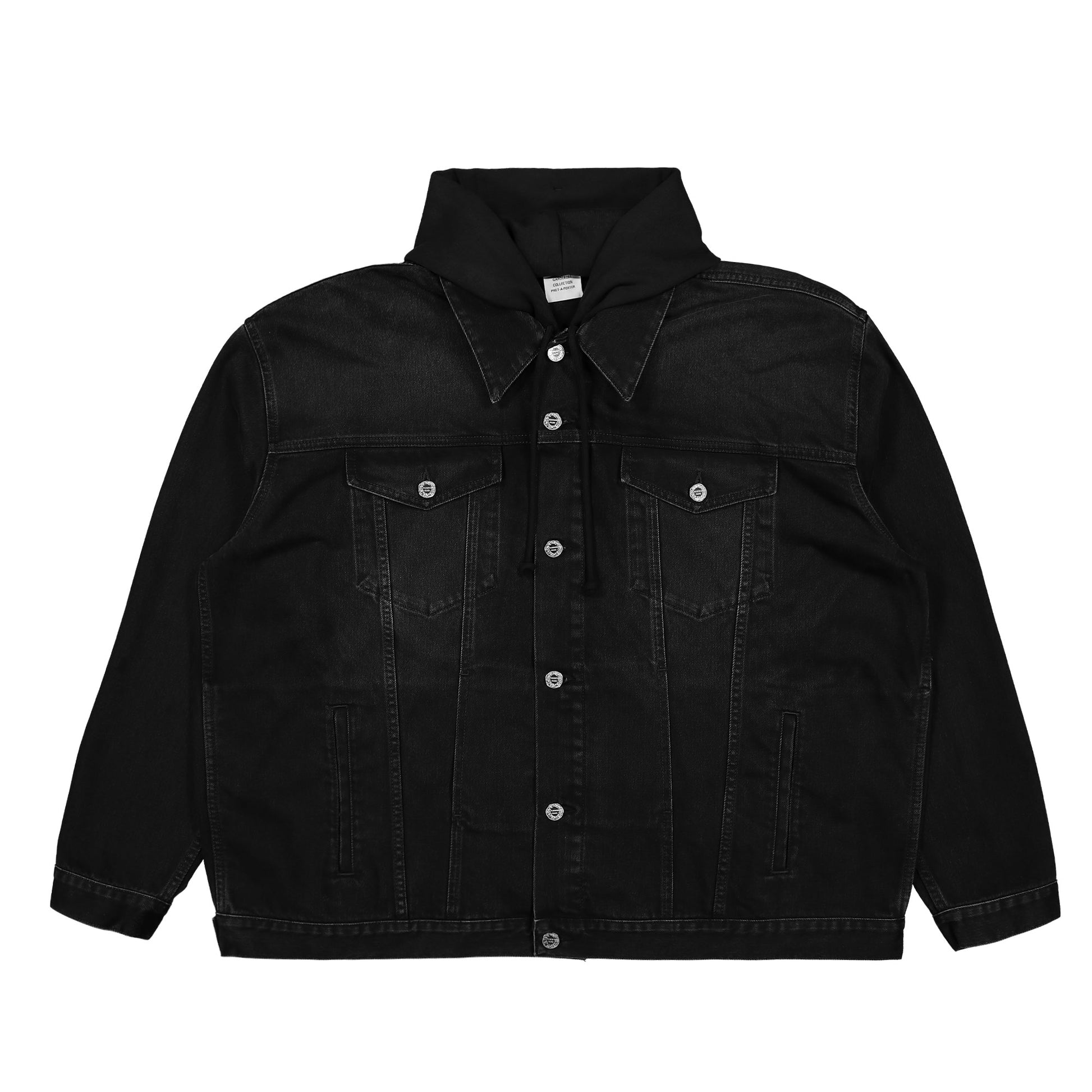 VETEMENTS 3D Logo Hooded Denim Jacket Black Detail view 1 | Gate