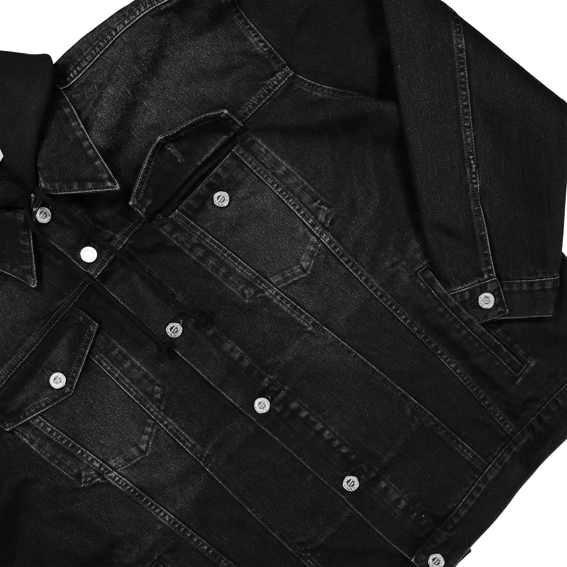 VETEMENTS 3D Logo Hooded Denim Jacket Black Detail view 5 | Gate