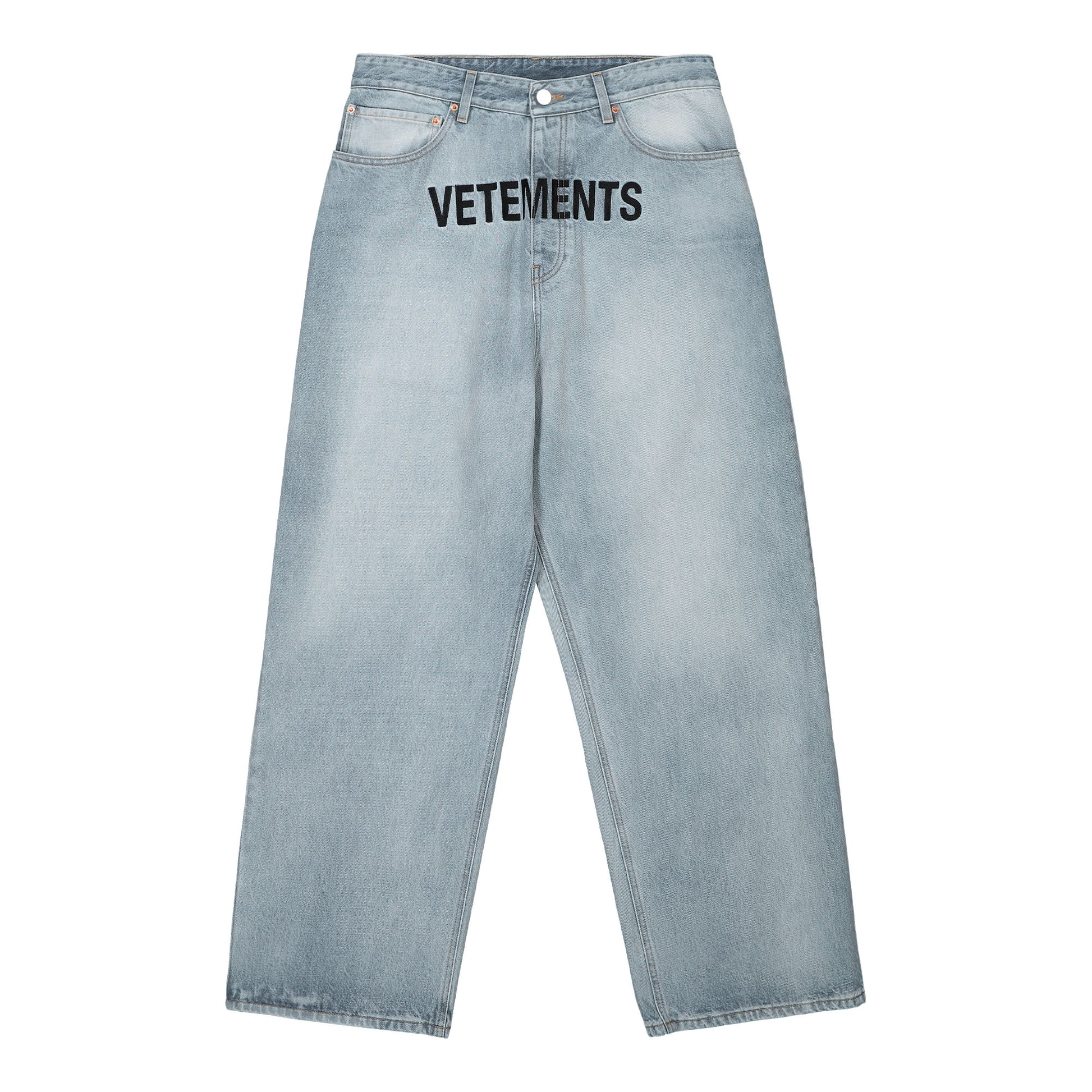 VETEMENTS Embroidered Logo Baggy Jeans Blue Detail view 1 | Gate